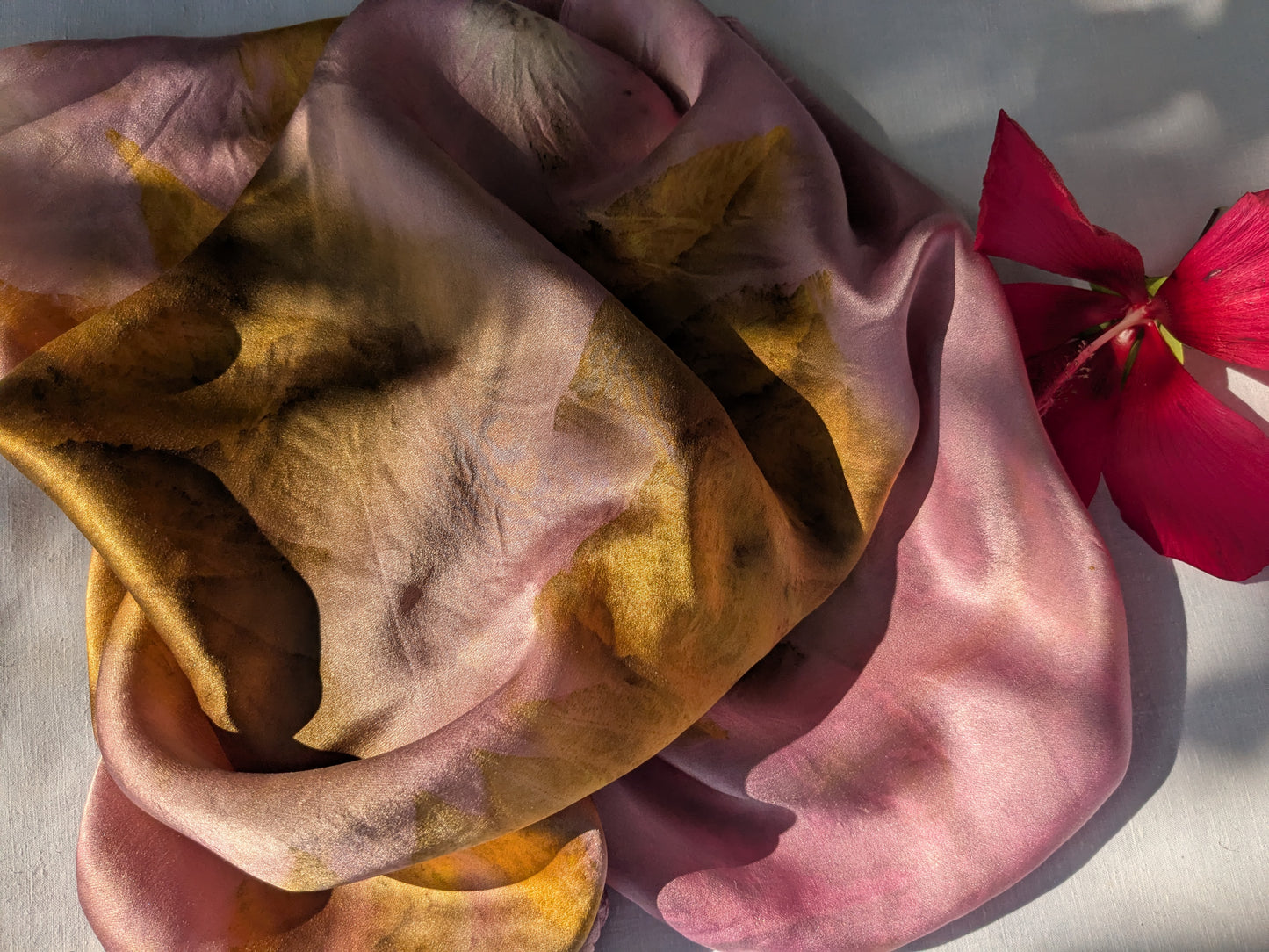 Eco printed natural silk scarf with golden leaves