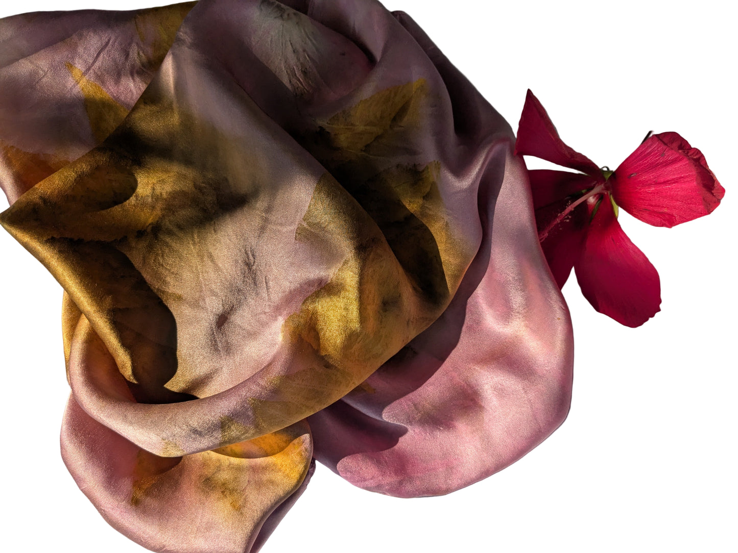 Eco printed natural silk scarf with golden leaves