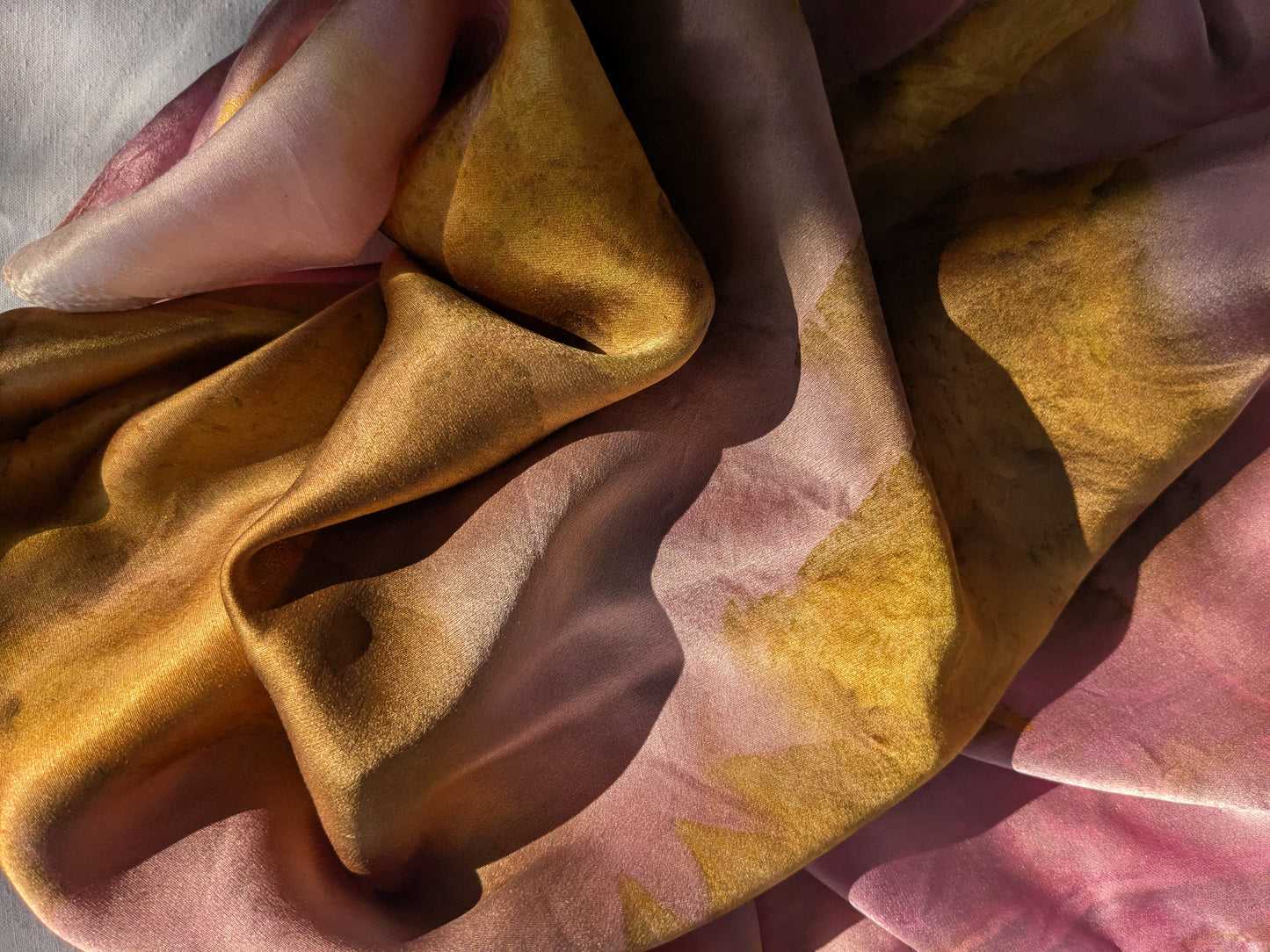 Eco printed natural silk scarf with golden leaves