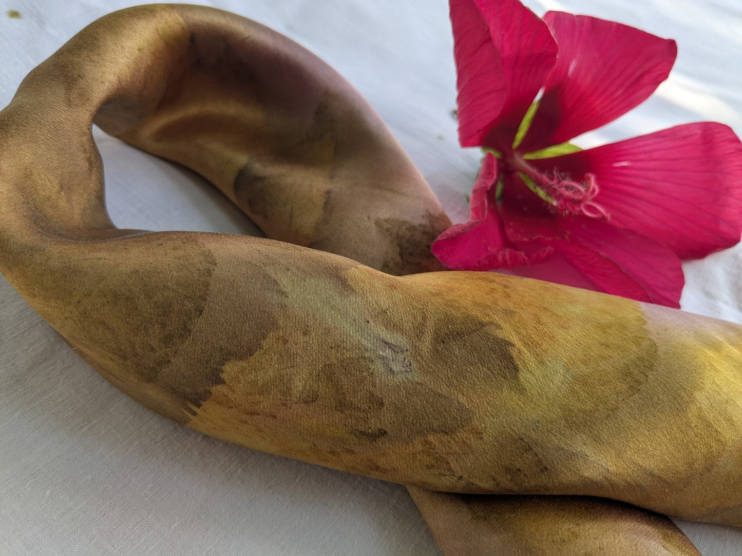 Eco printed natural silk scarf with golden leaves