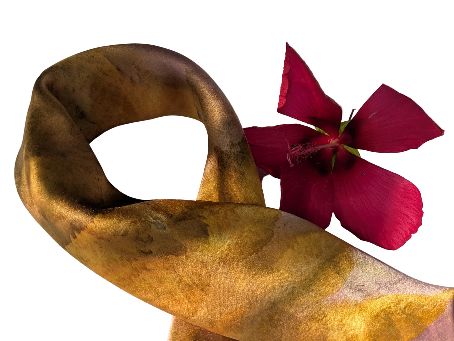 Eco printed natural silk scarf with golden leaves