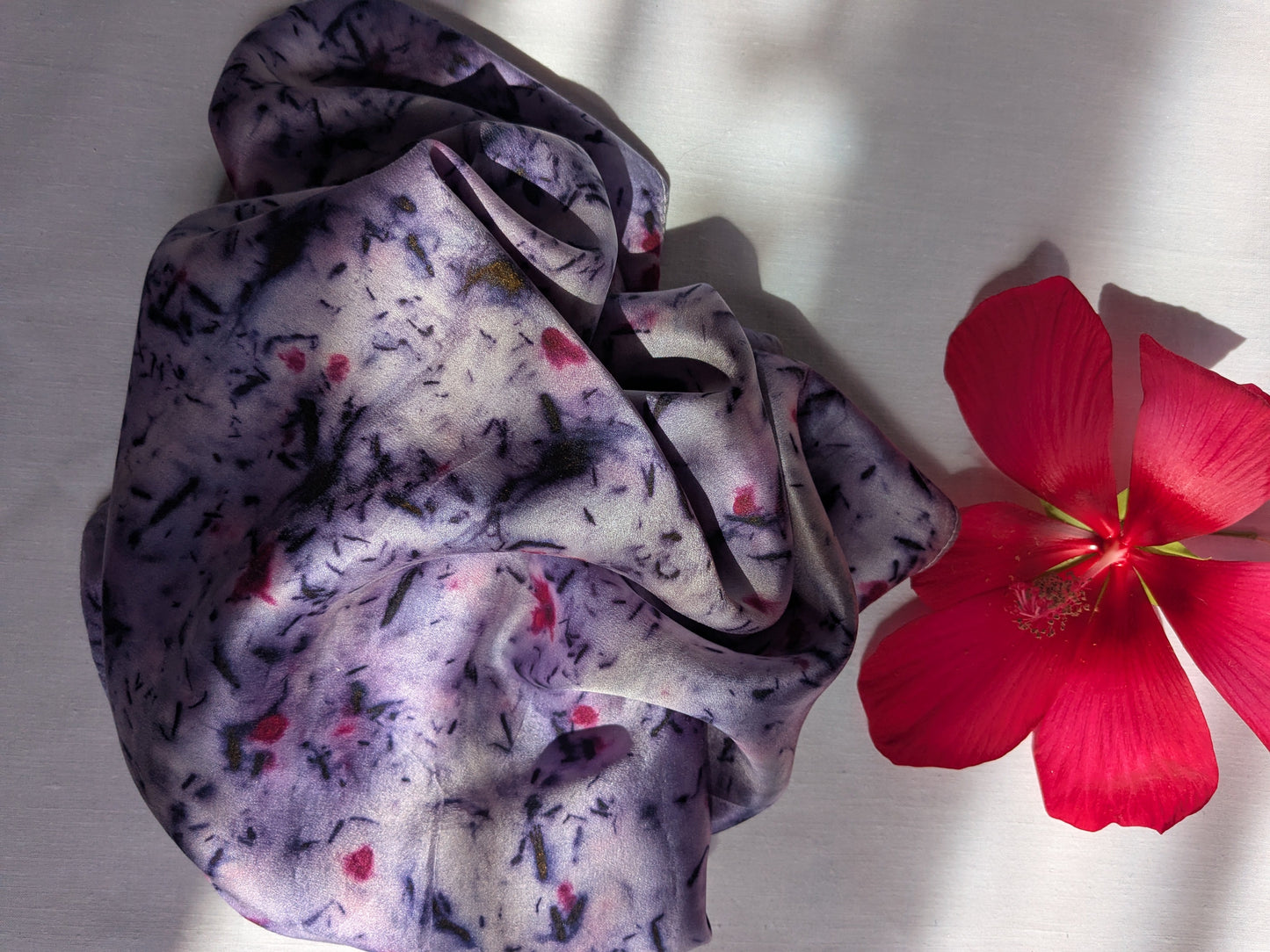 Botanical Eco Print Silk Scarf: Logwood & Marigold Dyed