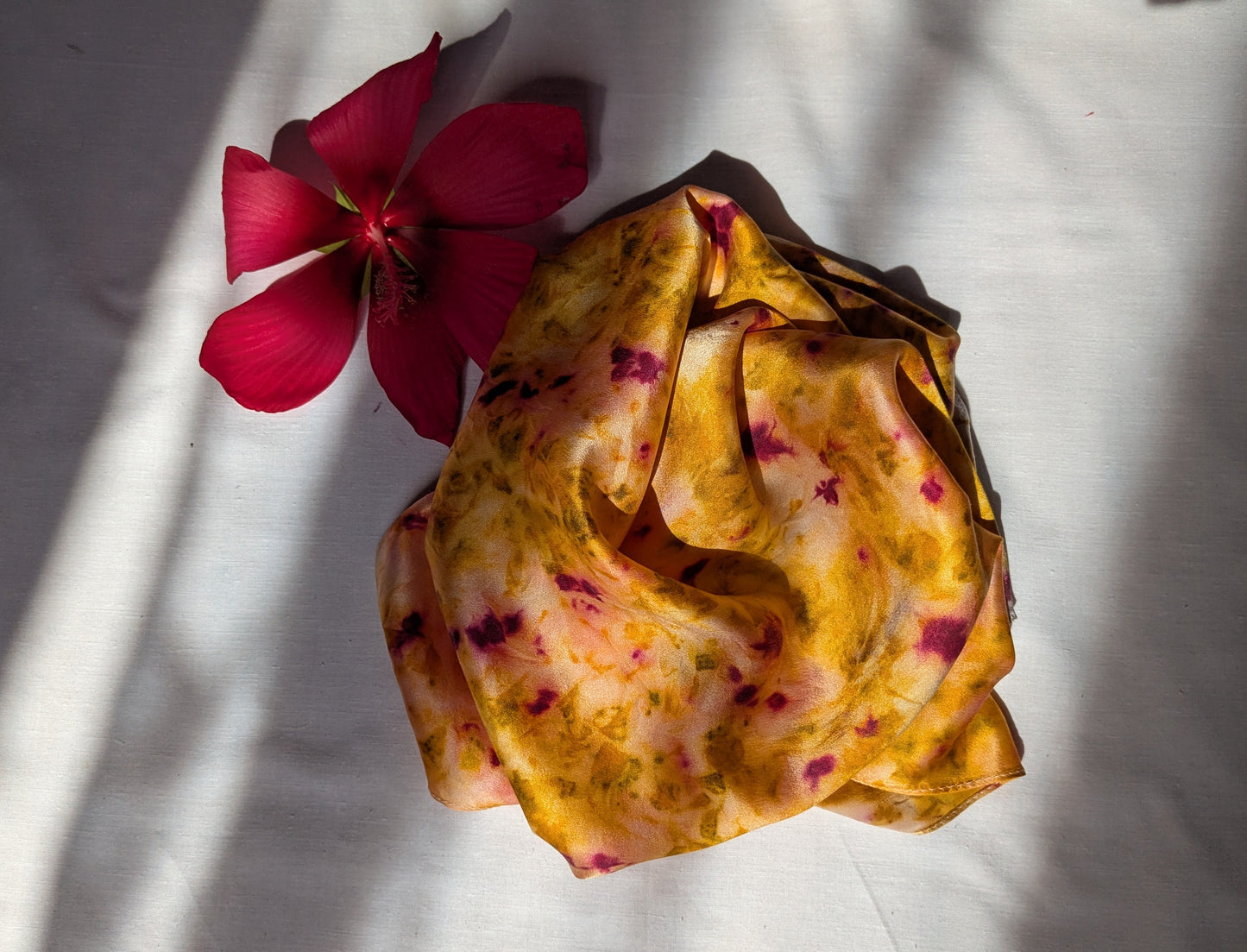 Plant dyed natural silk satin scarf, cochineal, logwood and marigolds