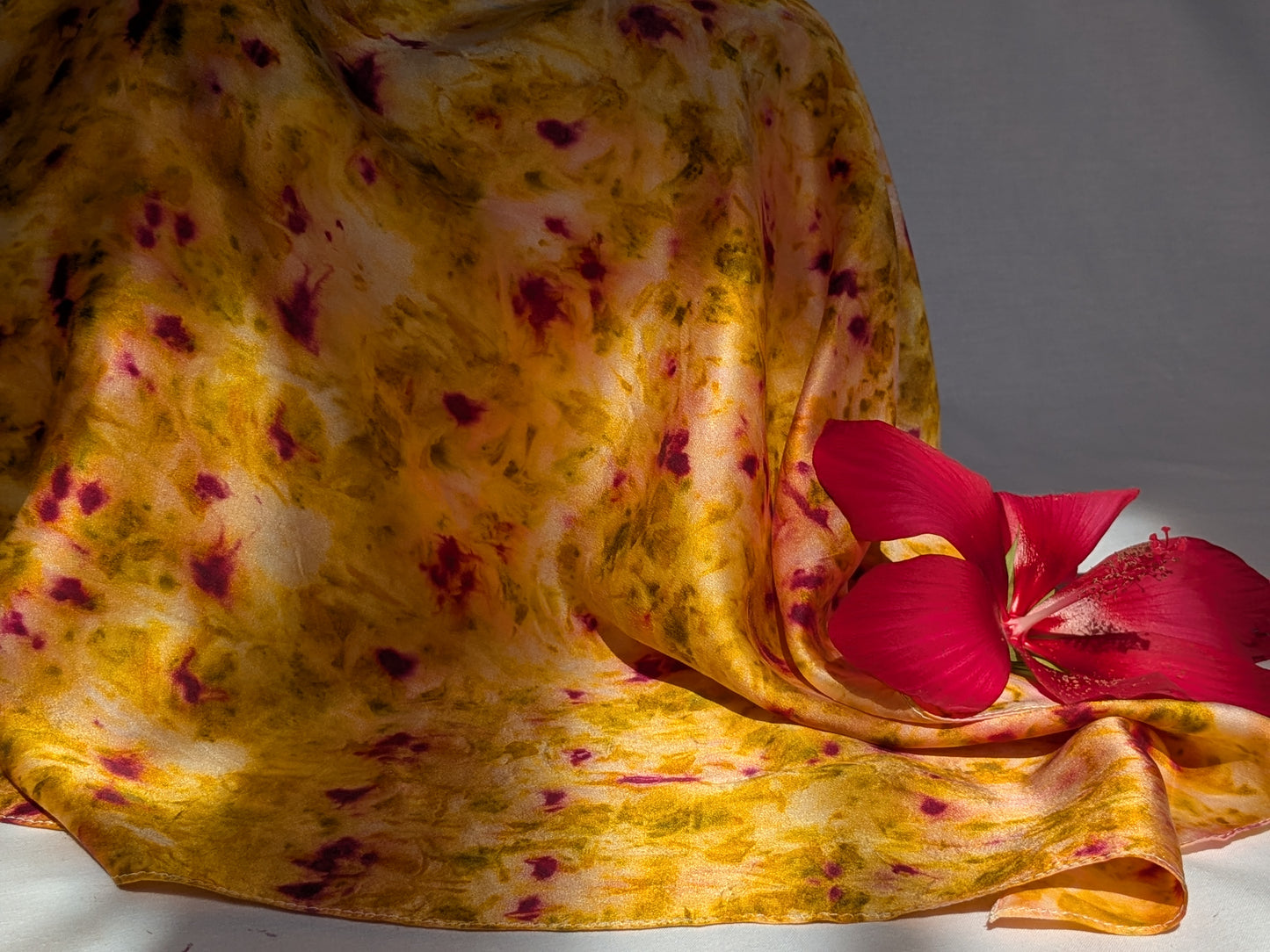 Plant dyed natural silk satin scarf, cochineal, logwood and marigolds