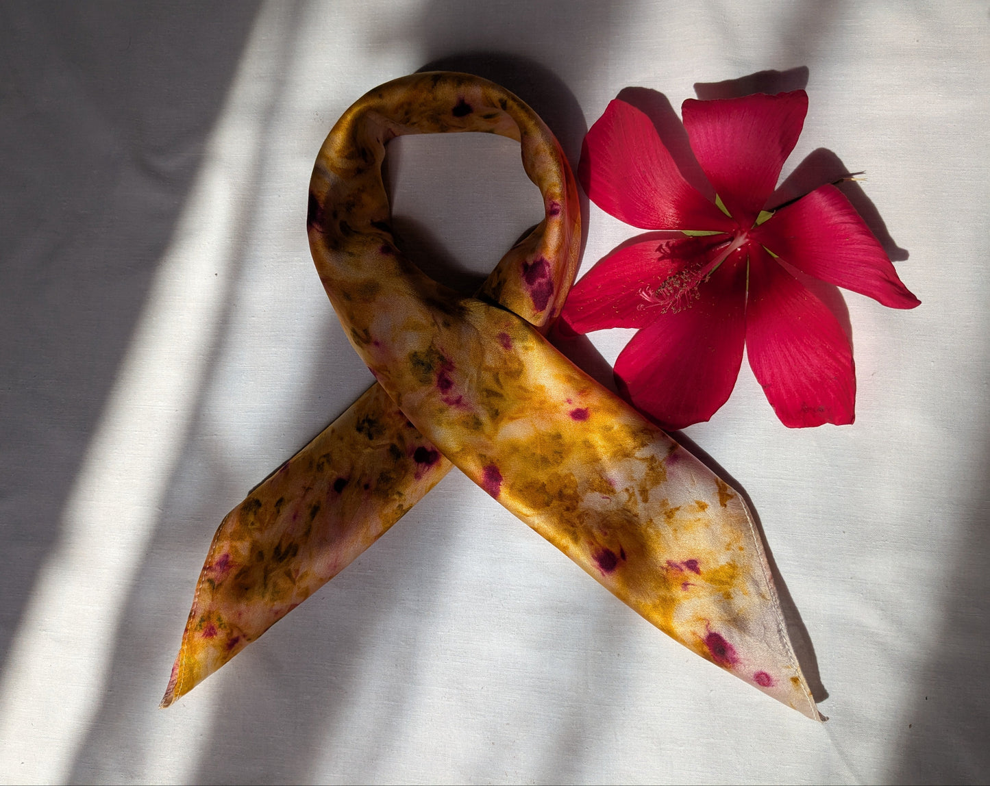 Plant dyed natural silk satin scarf, cochineal, logwood and marigolds