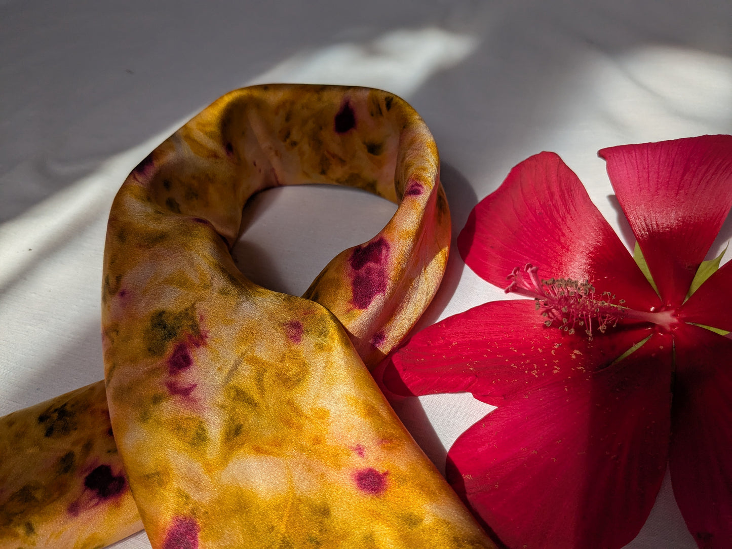 Plant dyed natural silk satin scarf, cochineal, logwood and marigolds