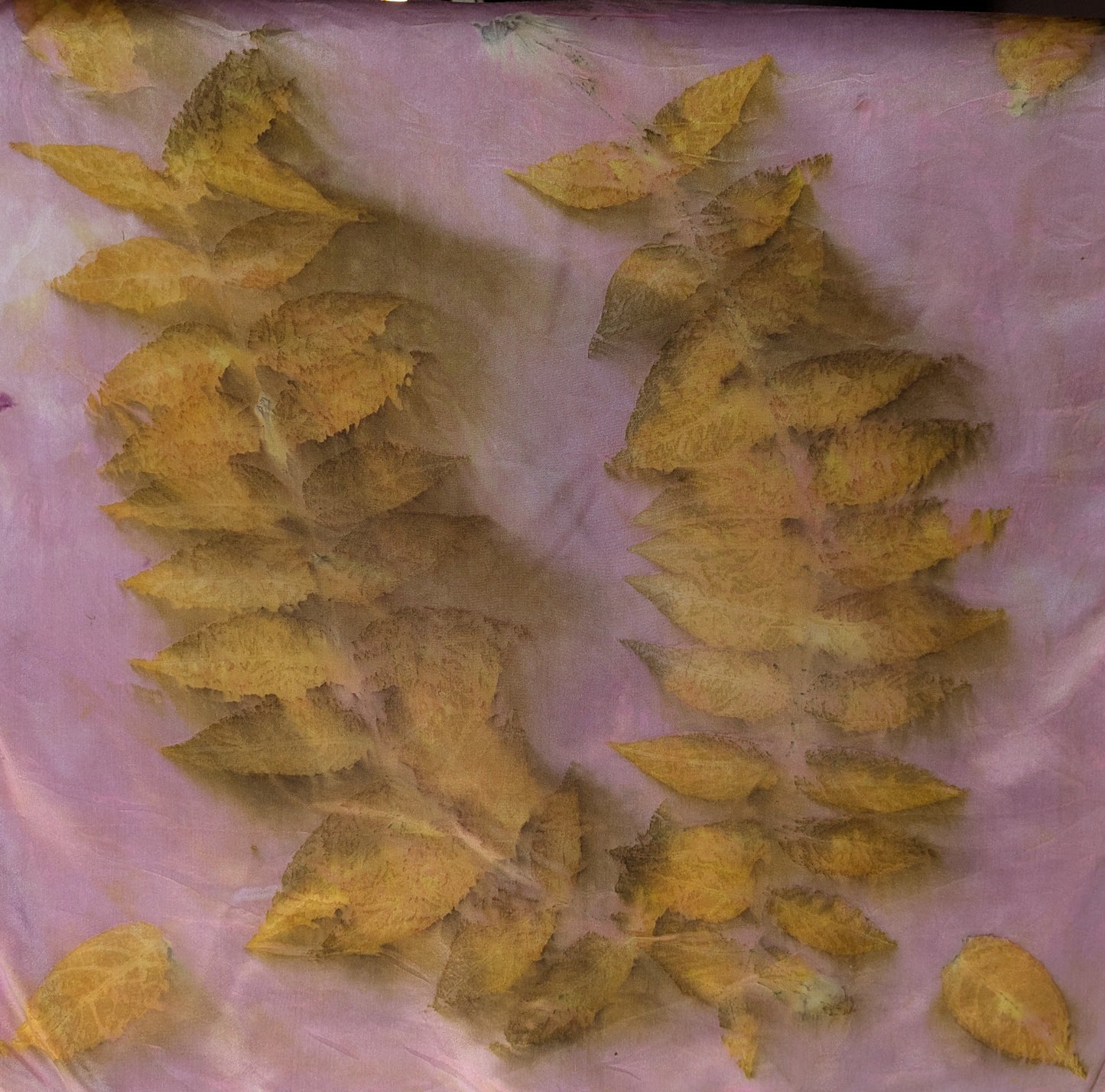 Eco printed natural silk scarf with golden leaves