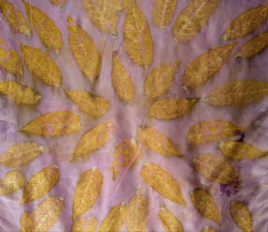Pink eco printed silk scarf with sumac leaves