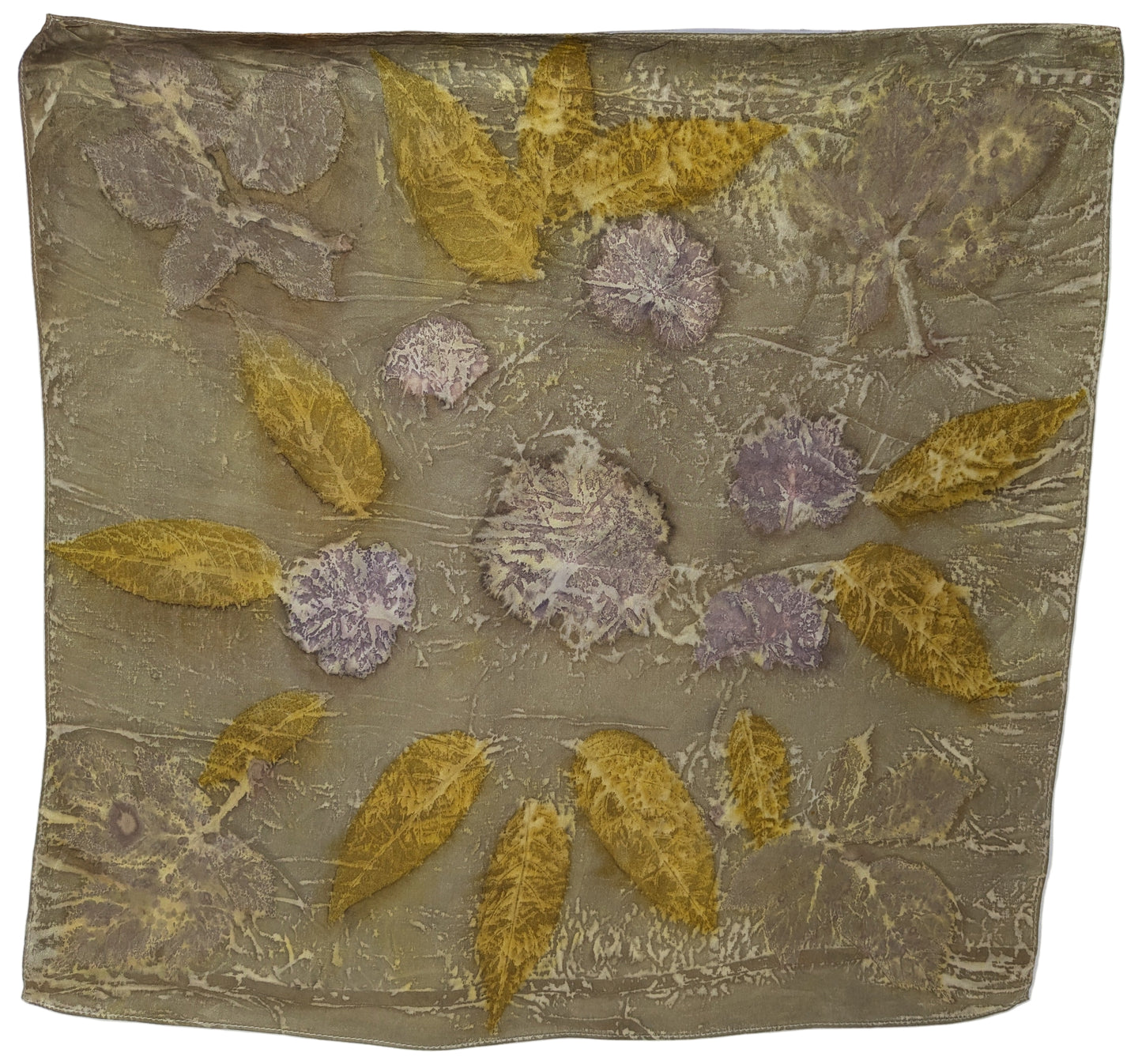 Pomegranate dyed silk scarf, eco printed with geranium leaves