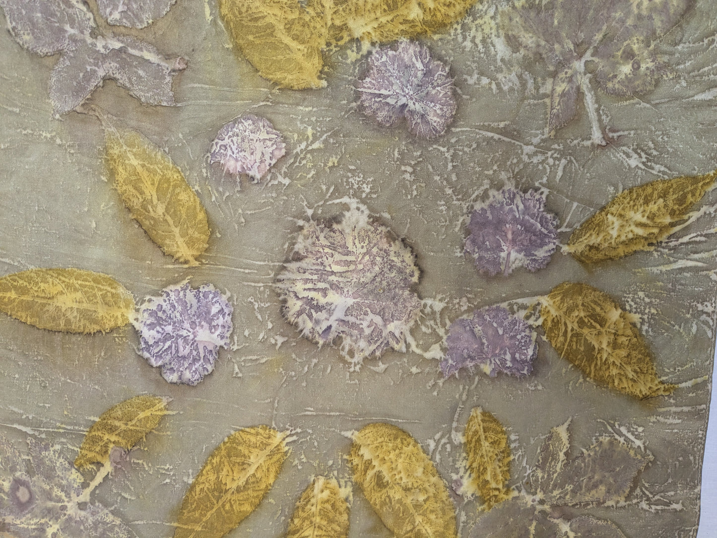 Pomegranate dyed silk scarf, eco printed with geranium leaves