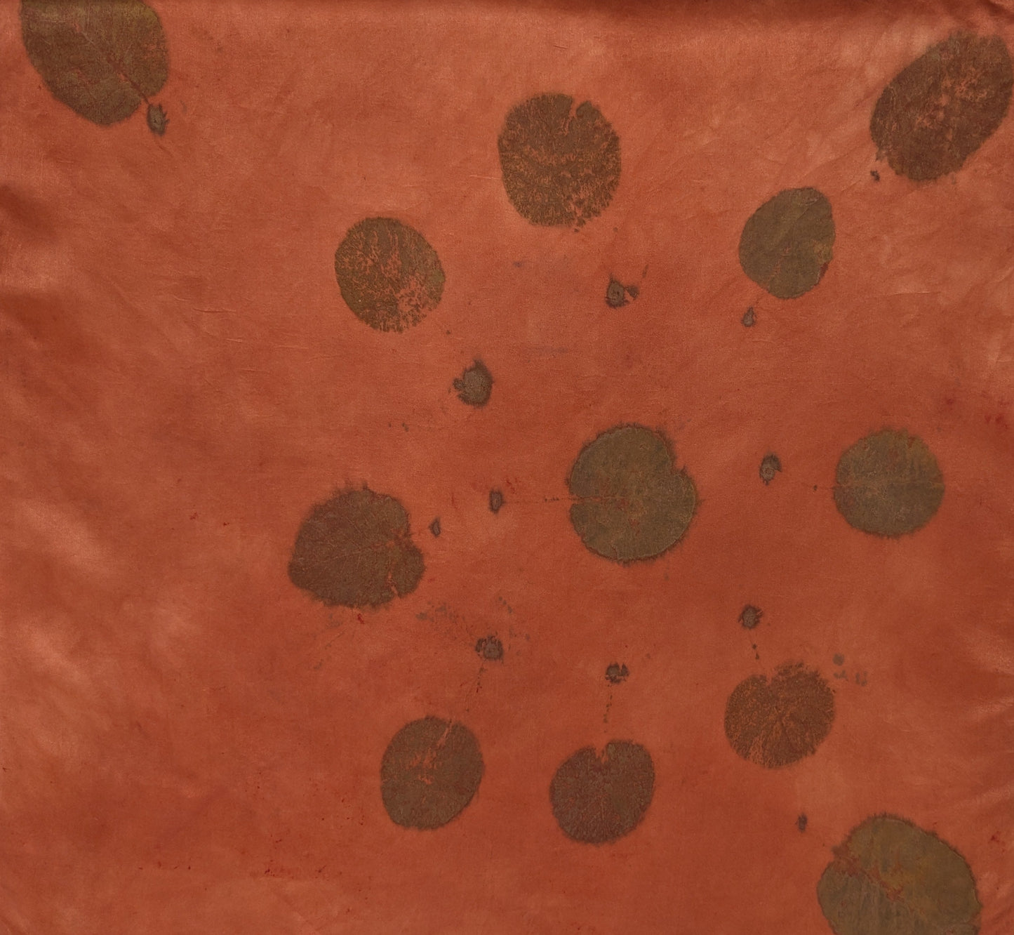 Eco printed red silk scarf with smokebush leaves