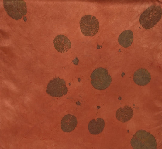 Eco printed red silk scarf with smokebush leaves