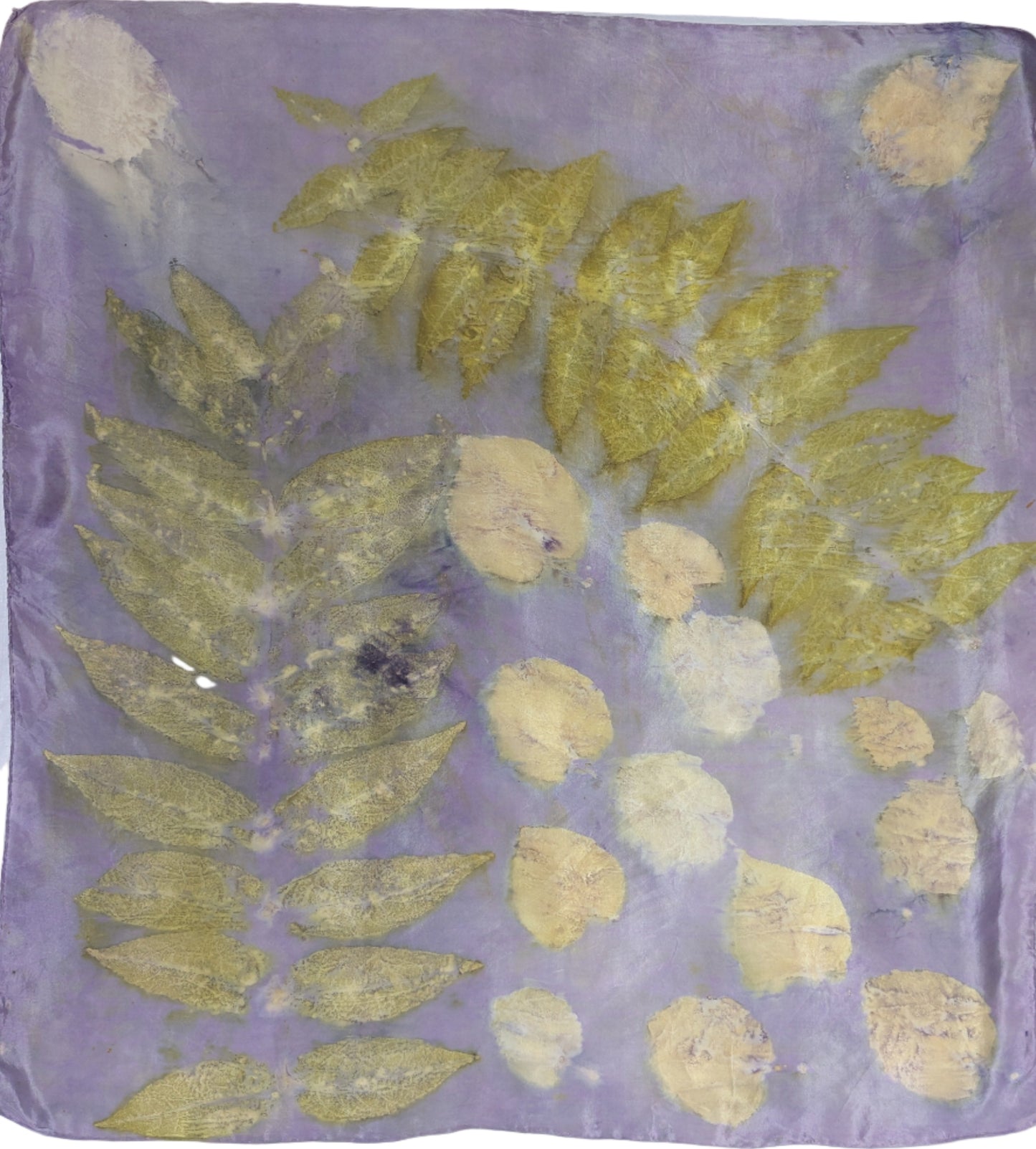 Eco-Dyed logwood Silk Scarf with Sumac Leaf Prints