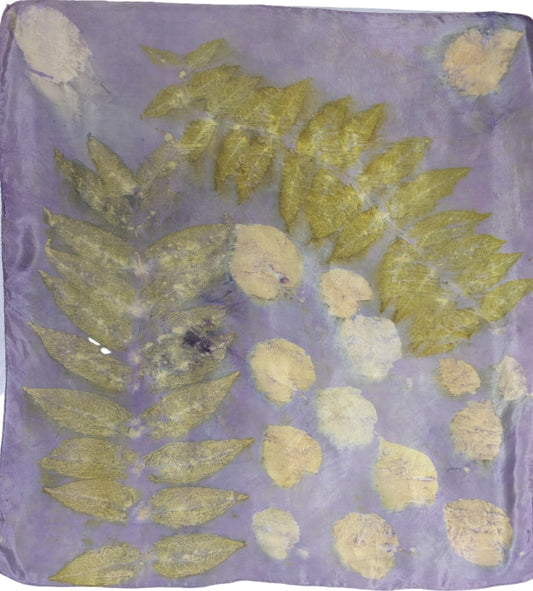 Eco-Dyed logwood Silk Scarf with Sumac Leaf Prints