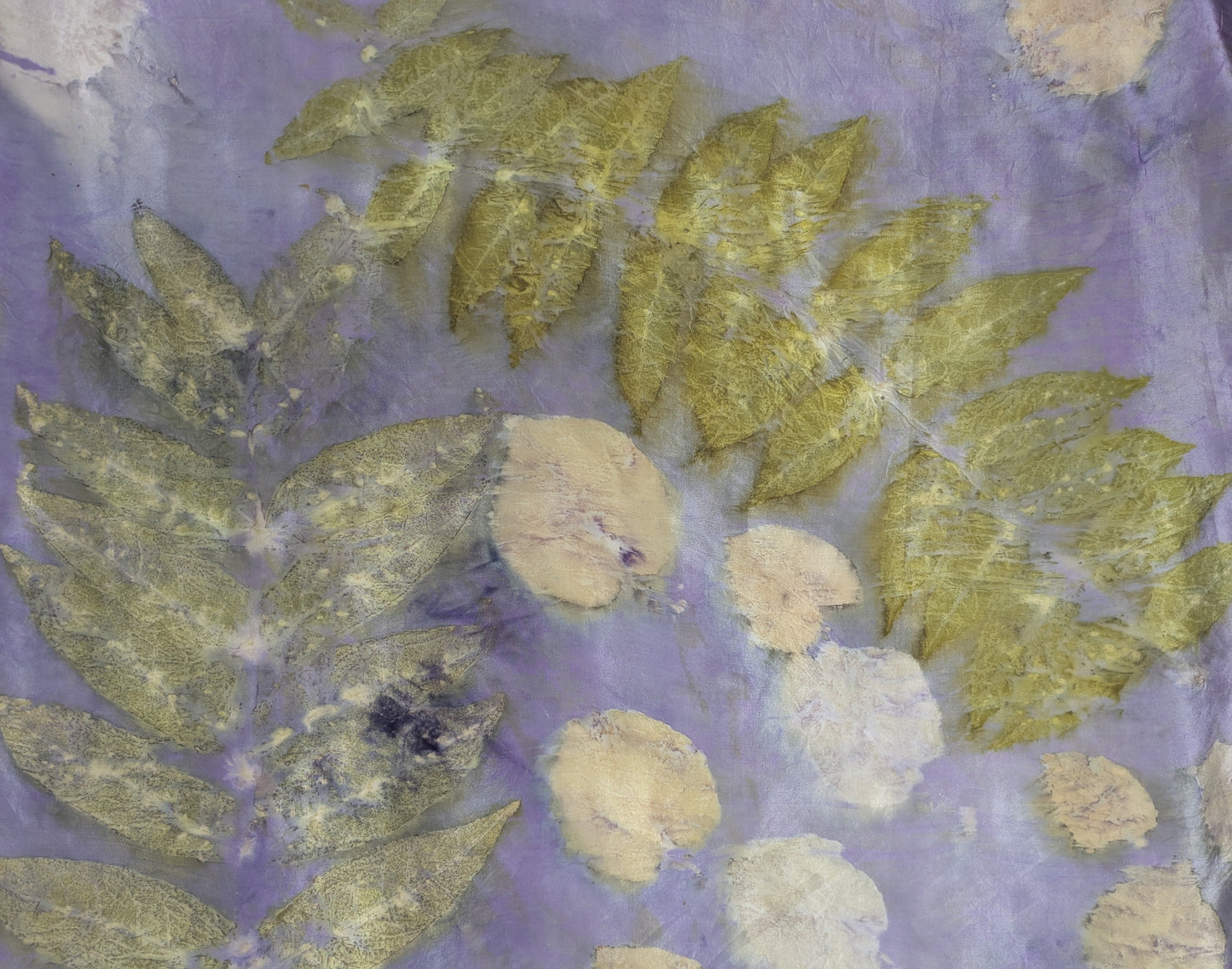 Eco-Dyed logwood Silk Scarf with Sumac Leaf Prints