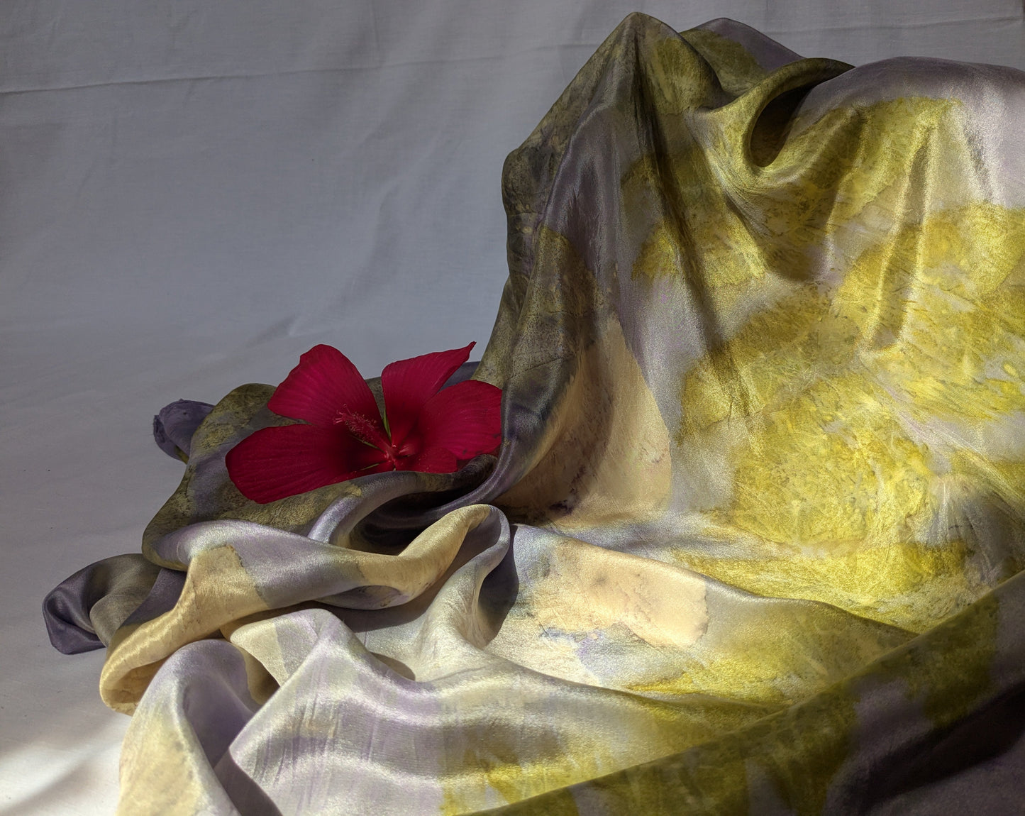 Eco-Dyed logwood Silk Scarf with Sumac Leaf Prints