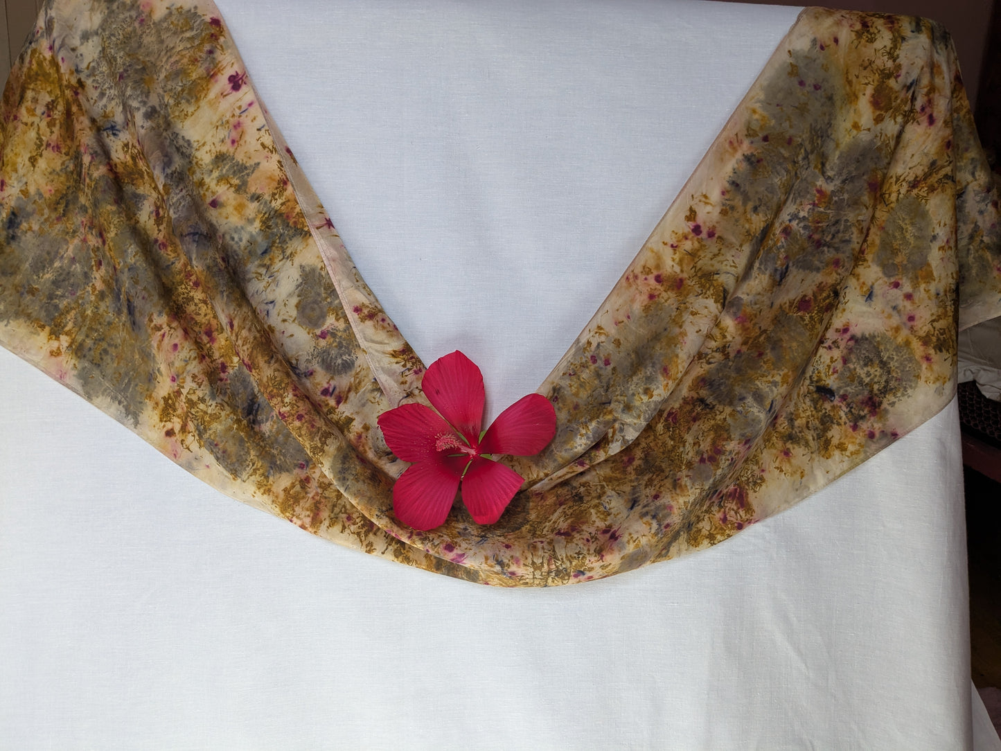 Abstract leaf print and flower dyes, natural silk scarf