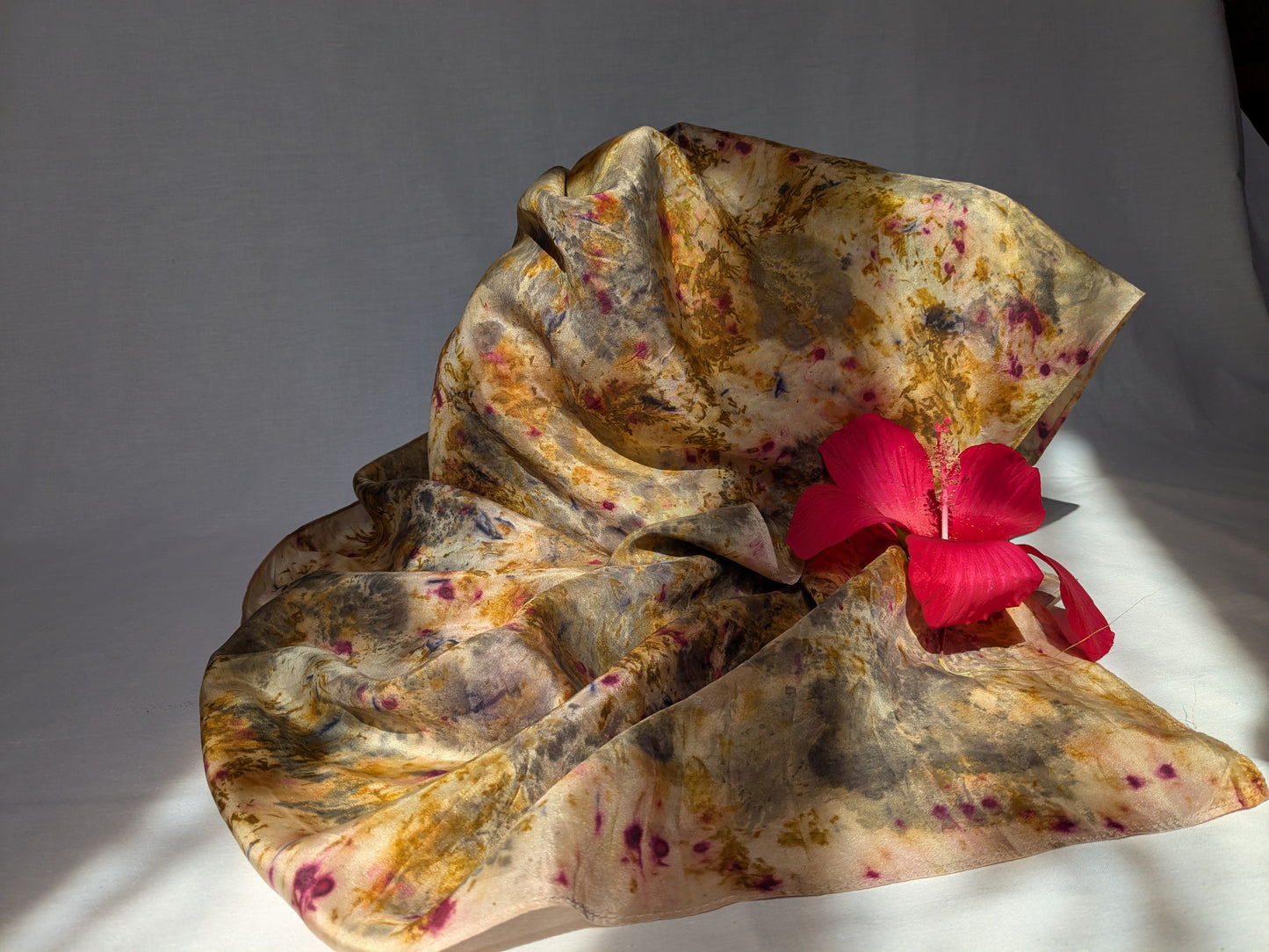 Abstract leaf print and flower dyes, natural silk scarf