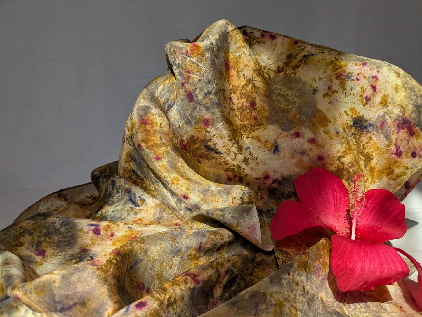 Abstract leaf print and flower dyes, natural silk scarf