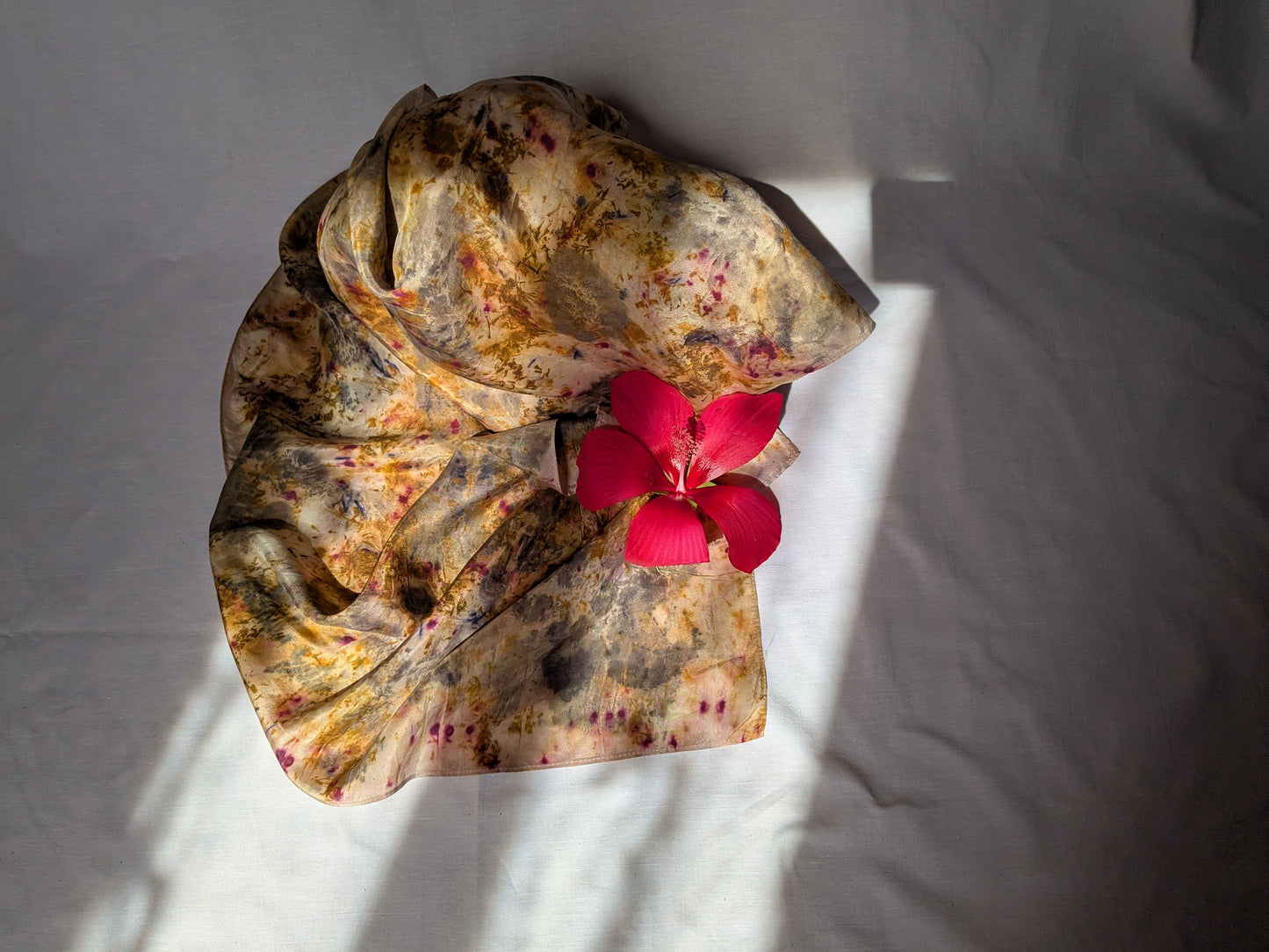 Abstract leaf print and flower dyes, natural silk scarf