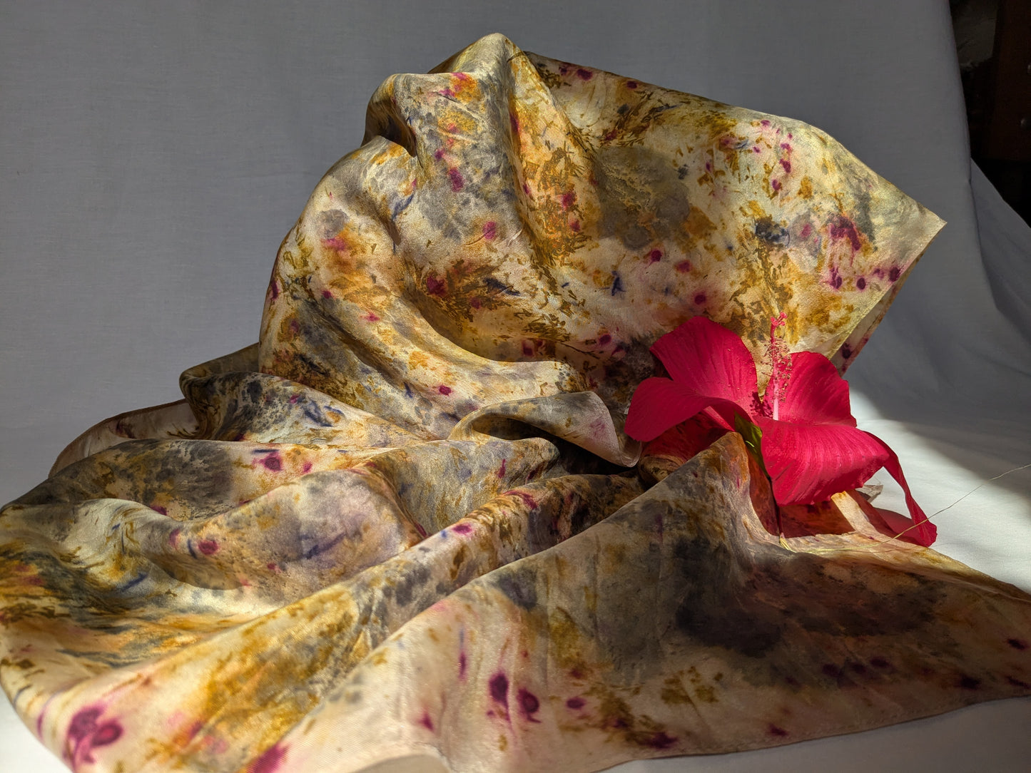 Abstract leaf print and flower dyes, natural silk scarf
