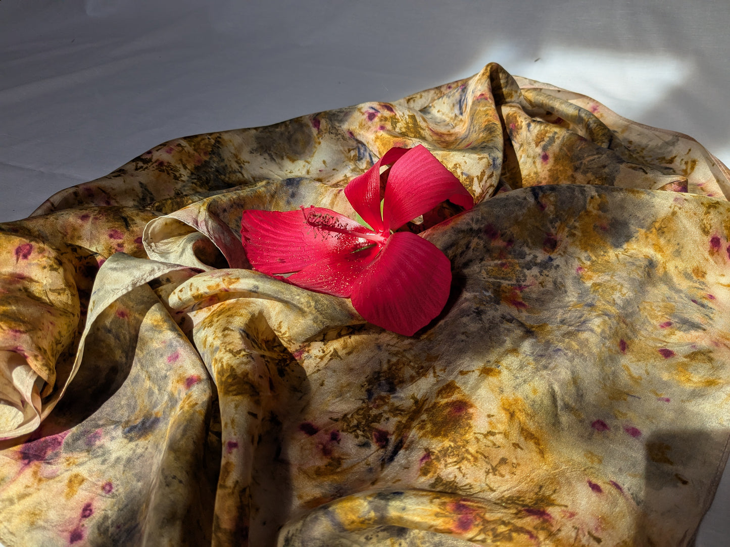 Abstract leaf print and flower dyes, natural silk scarf