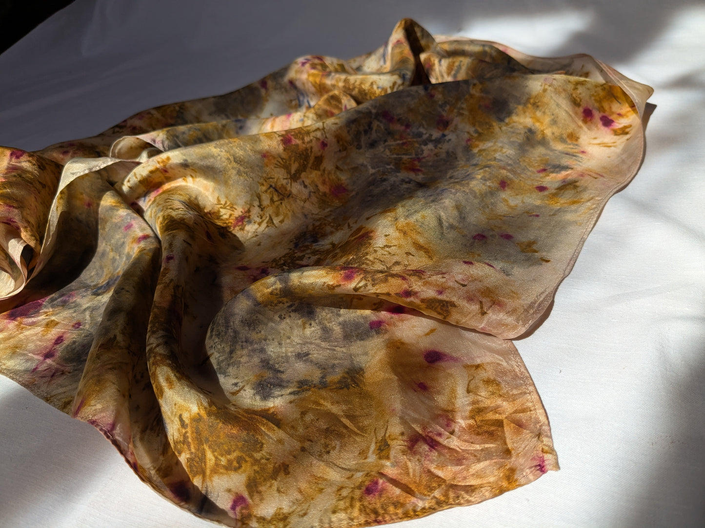 Abstract leaf print and flower dyes, natural silk scarf