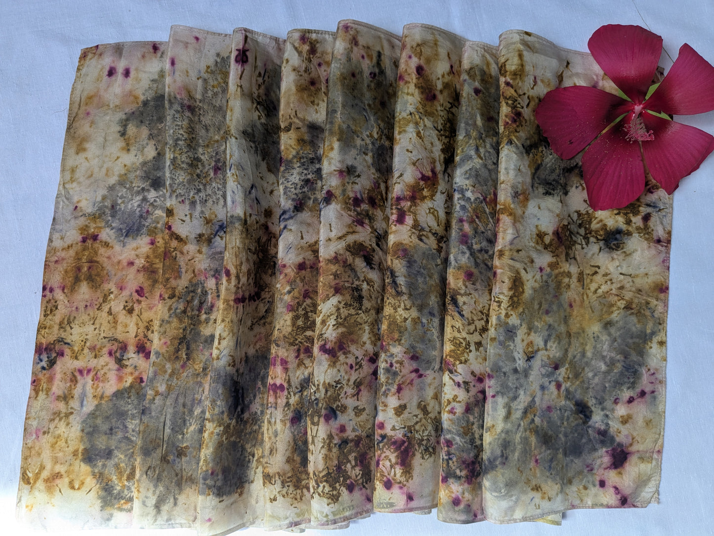 Abstract leaf print and flower dyes, natural silk scarf