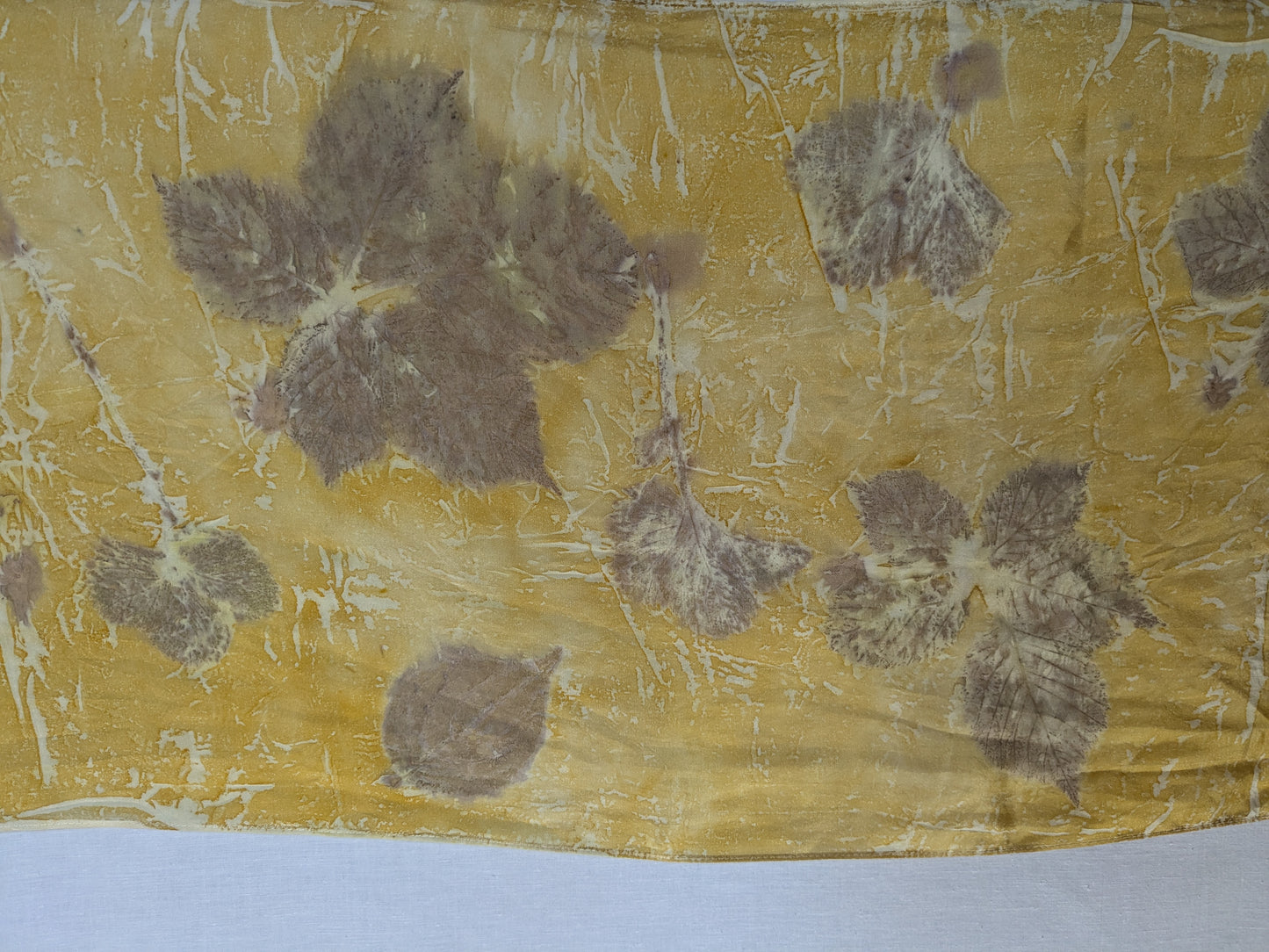 Leaf eco print yellow natural silk scarf