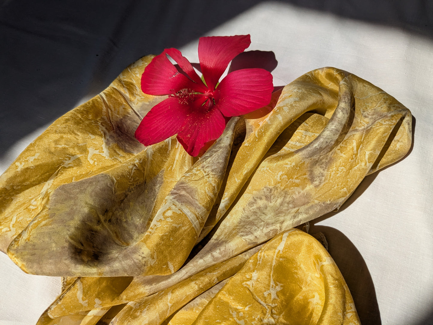 Leaf eco print yellow natural silk scarf