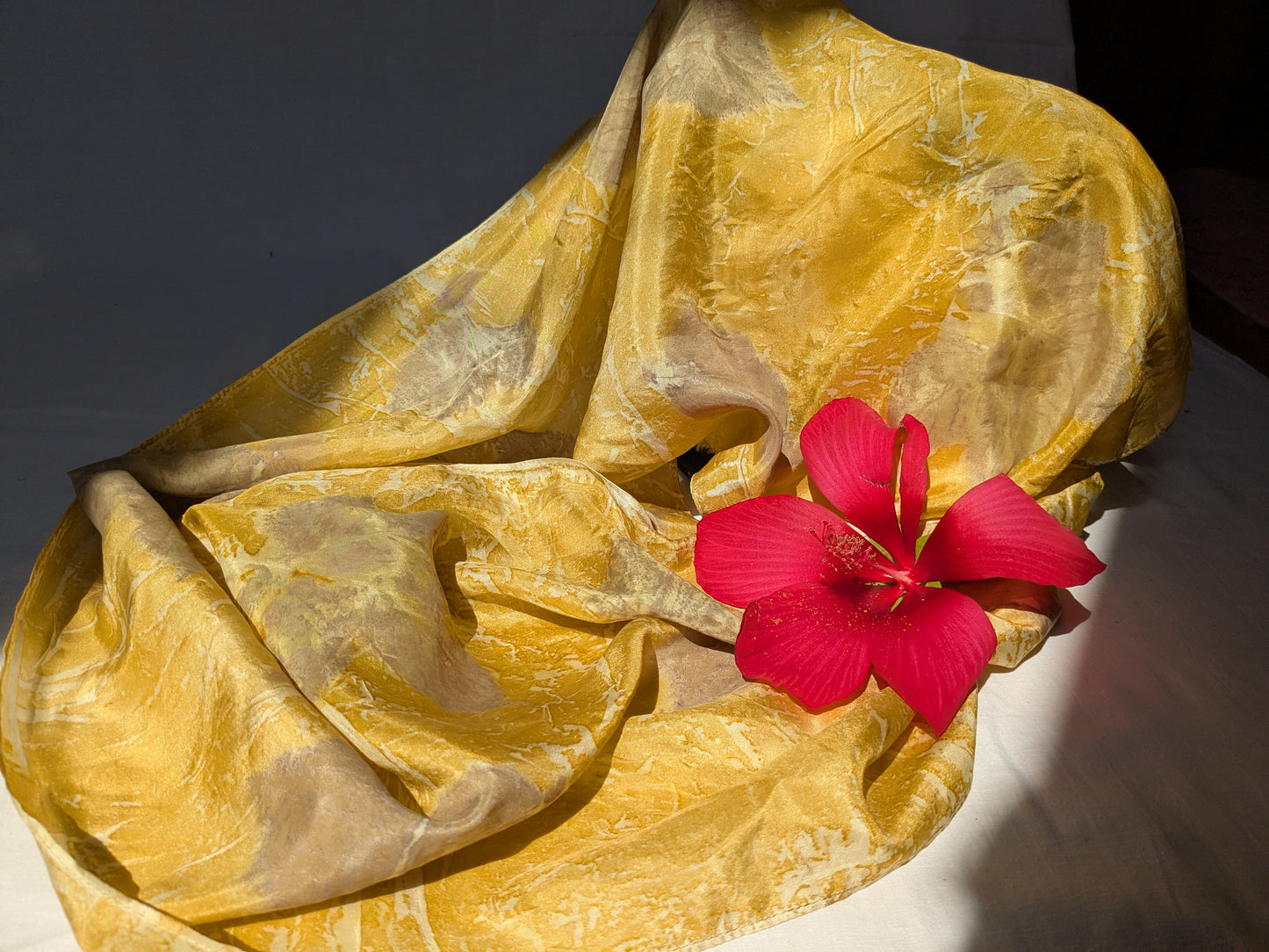 Leaf eco print yellow natural silk scarf