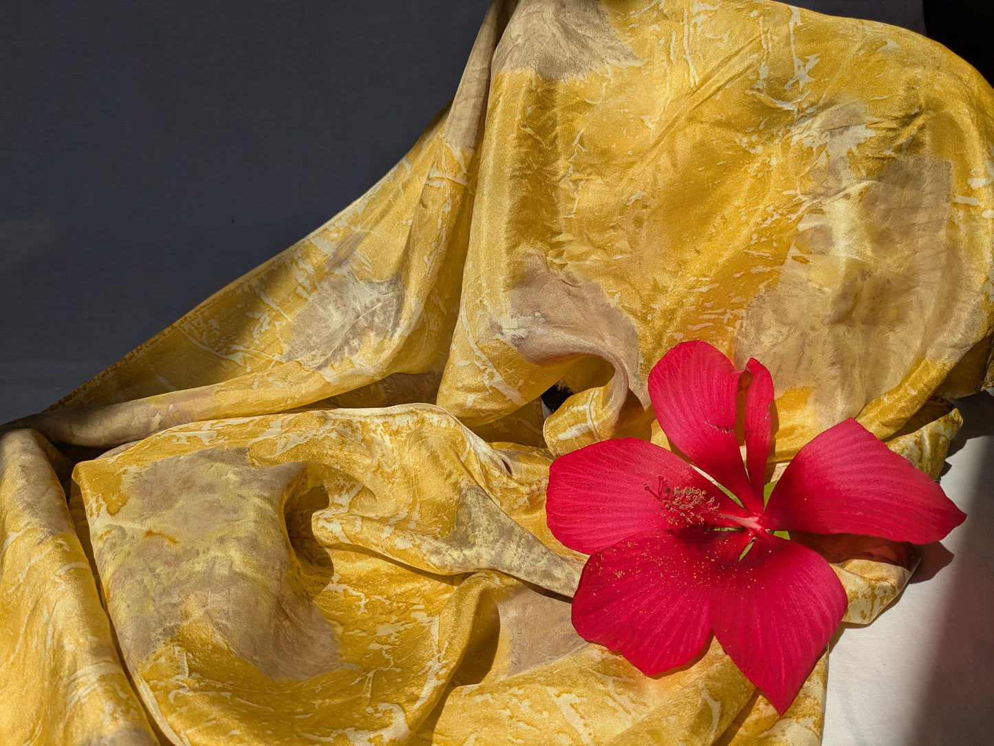 Leaf eco print yellow natural silk scarf