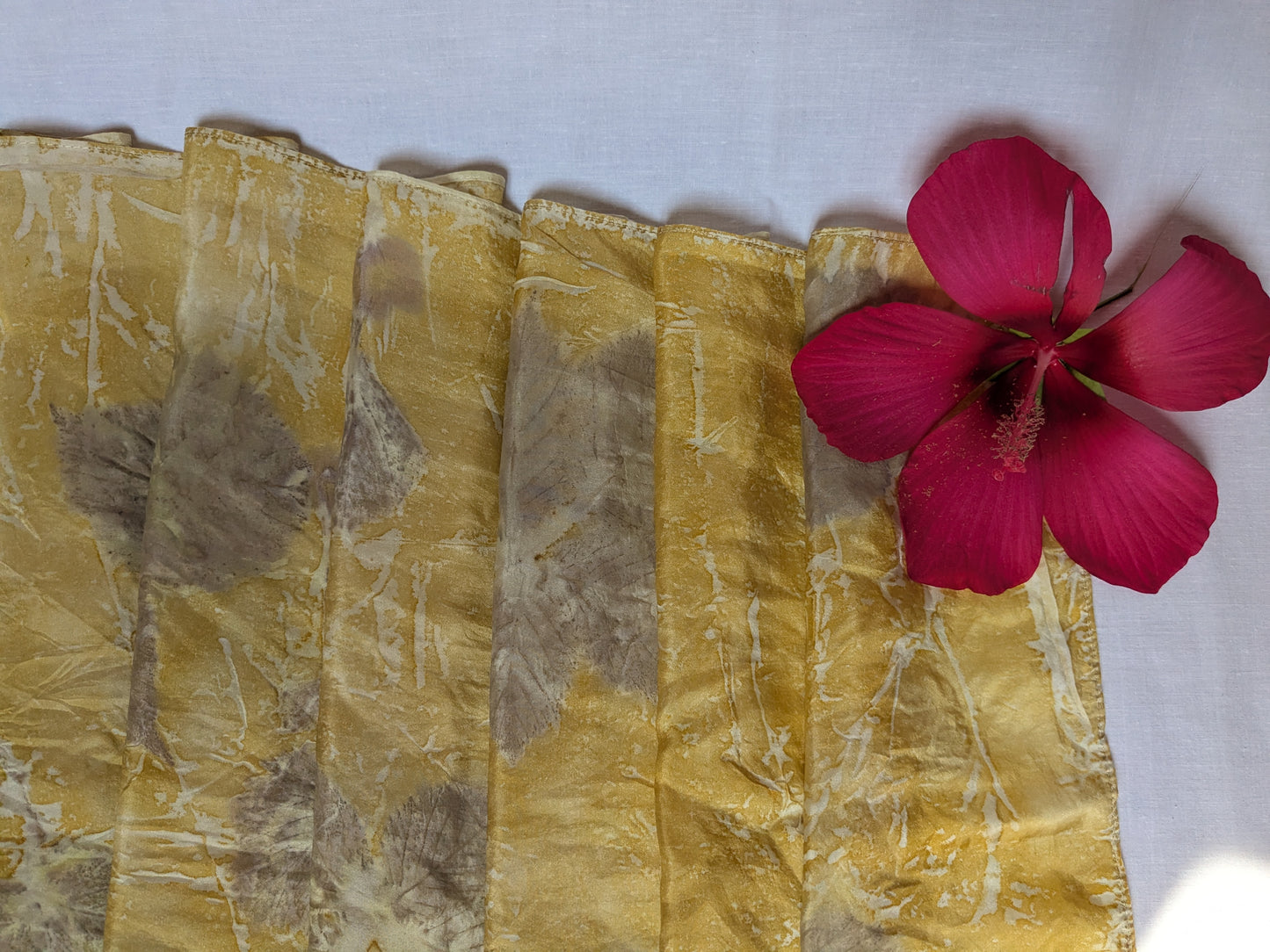 Leaf eco print yellow natural silk scarf