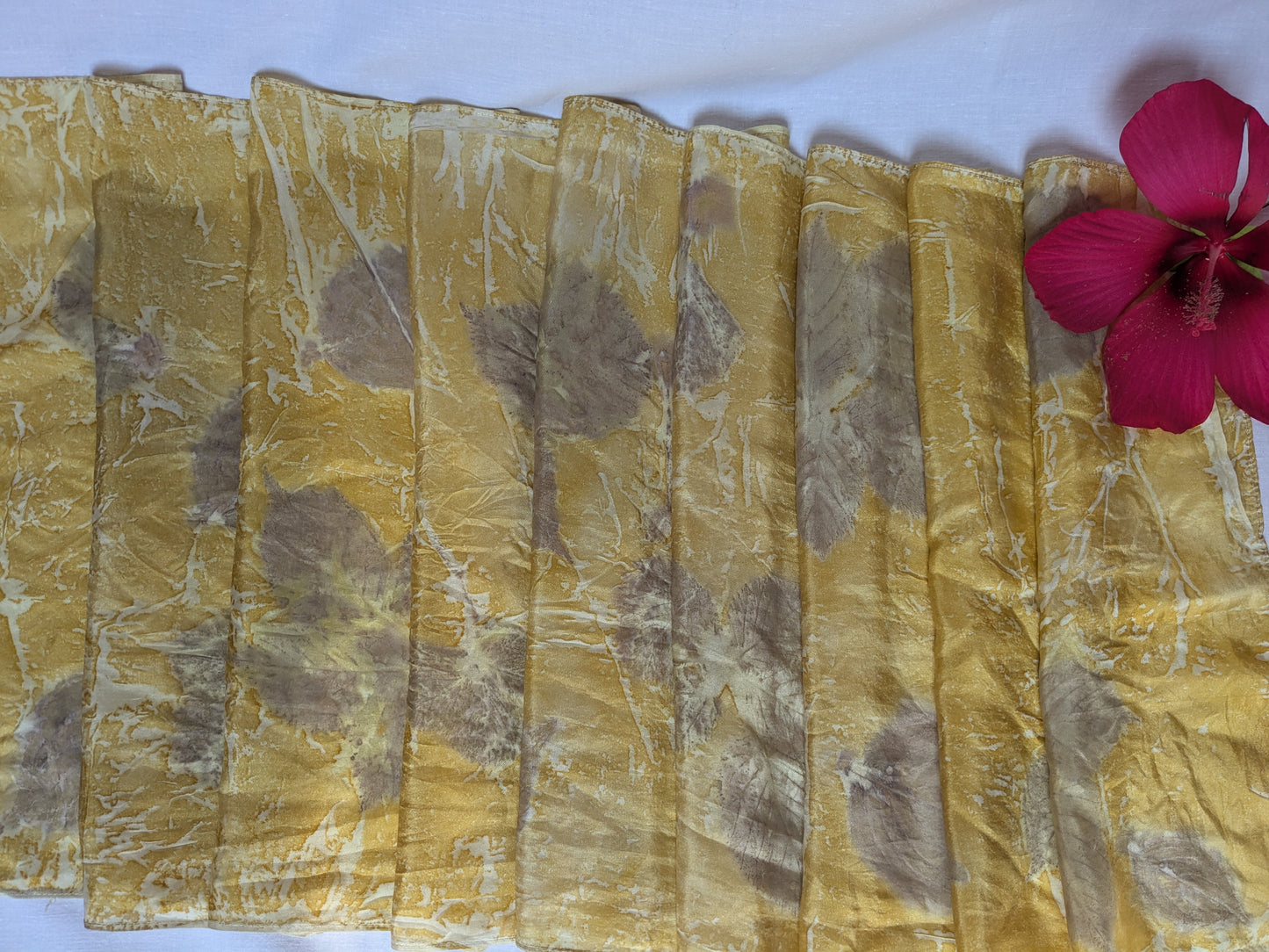 Leaf eco print yellow natural silk scarf