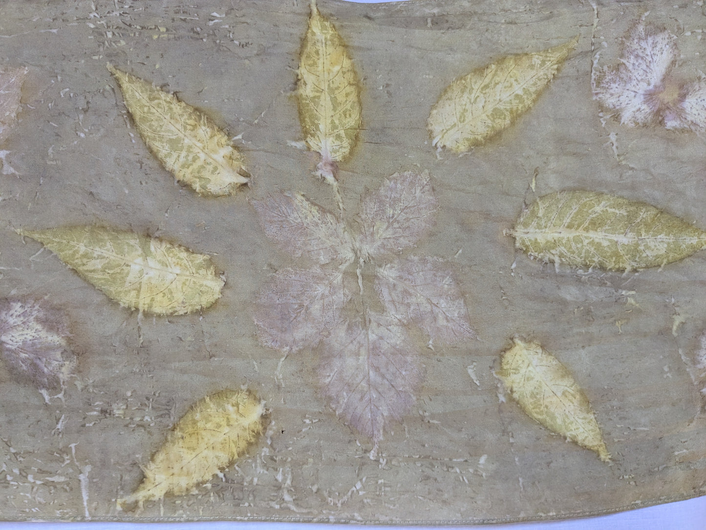 Leaf eco print  and pomegranate dyed natural silk scarf