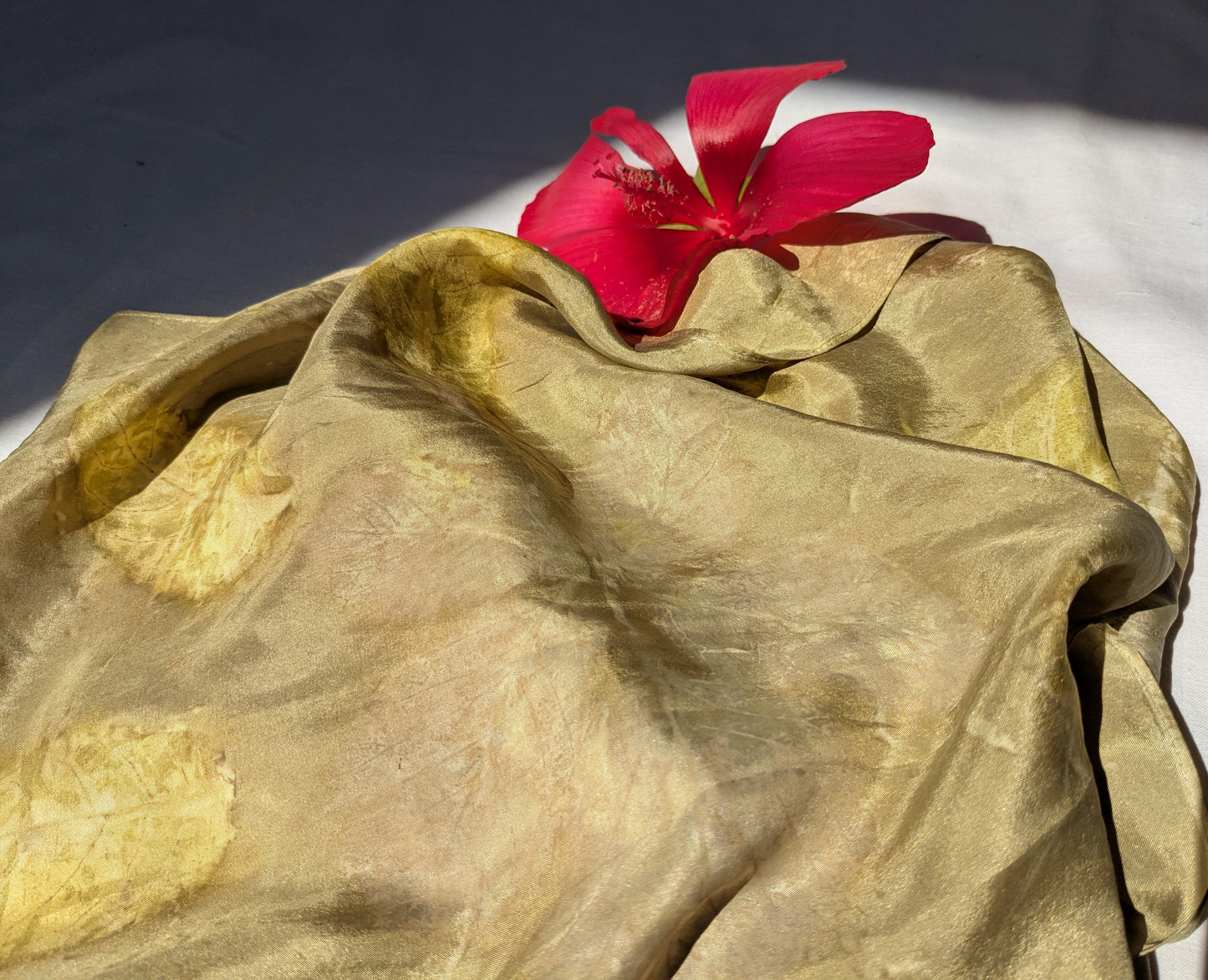 Leaf eco print  and pomegranate dyed natural silk scarf