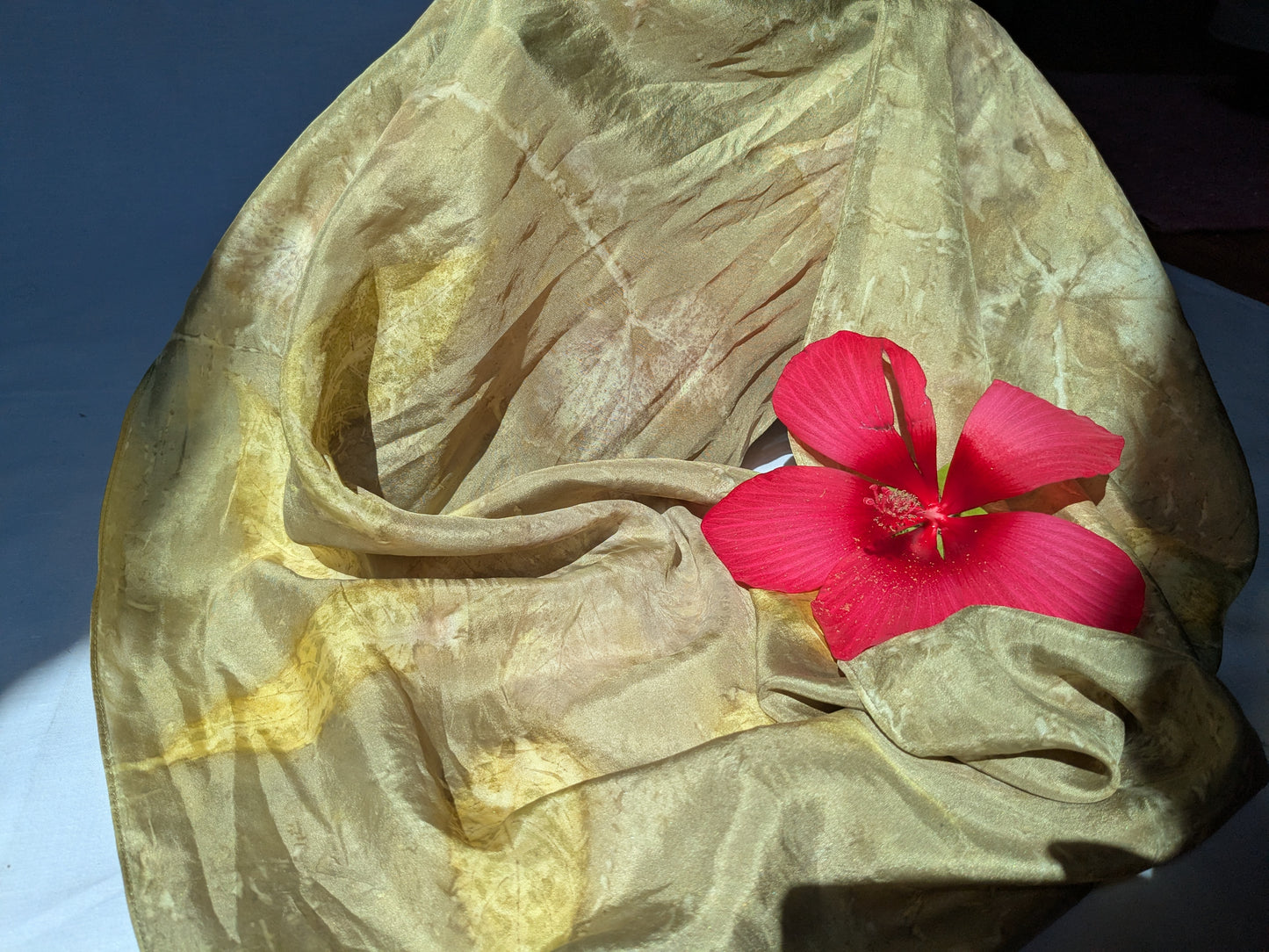 Leaf eco print  and pomegranate dyed natural silk scarf