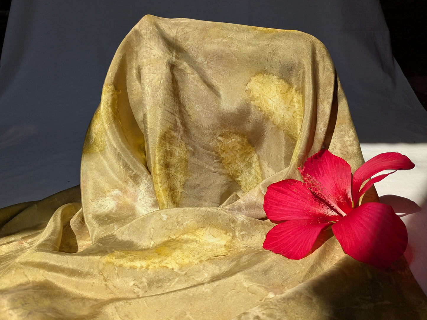 Leaf eco print  and pomegranate dyed natural silk scarf