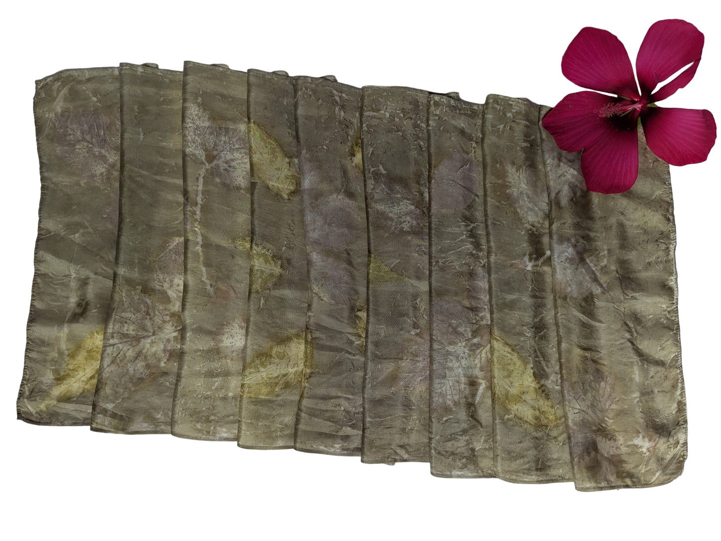 Leaf eco print  and pomegranate dyed natural silk scarf
