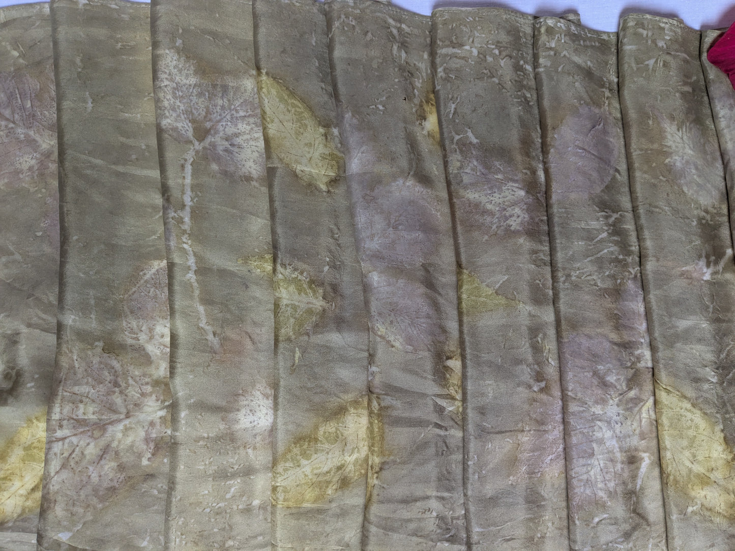 Leaf eco print  and pomegranate dyed natural silk scarf