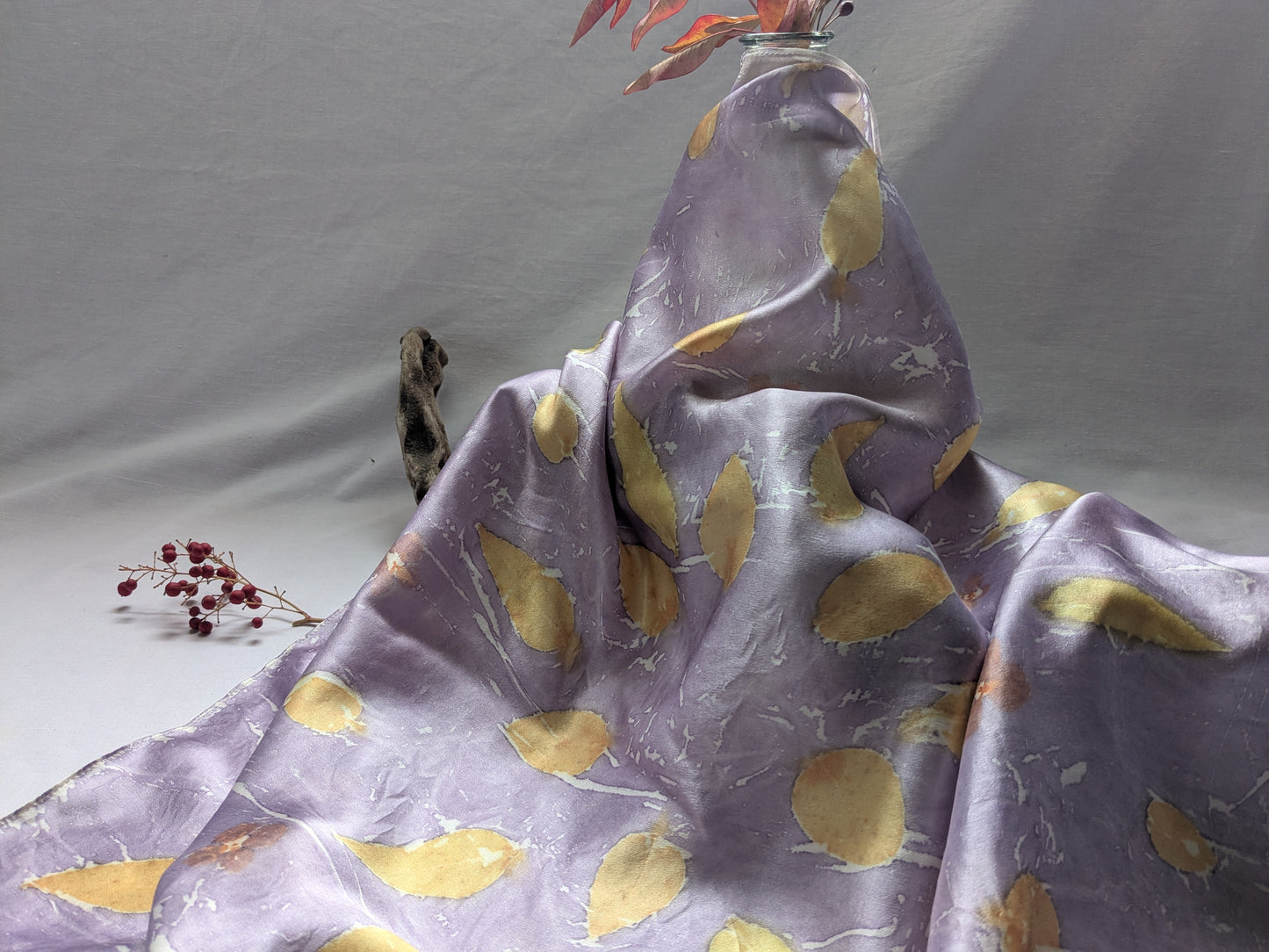 Eucalyptus leaves eco print purple natural silk scarf