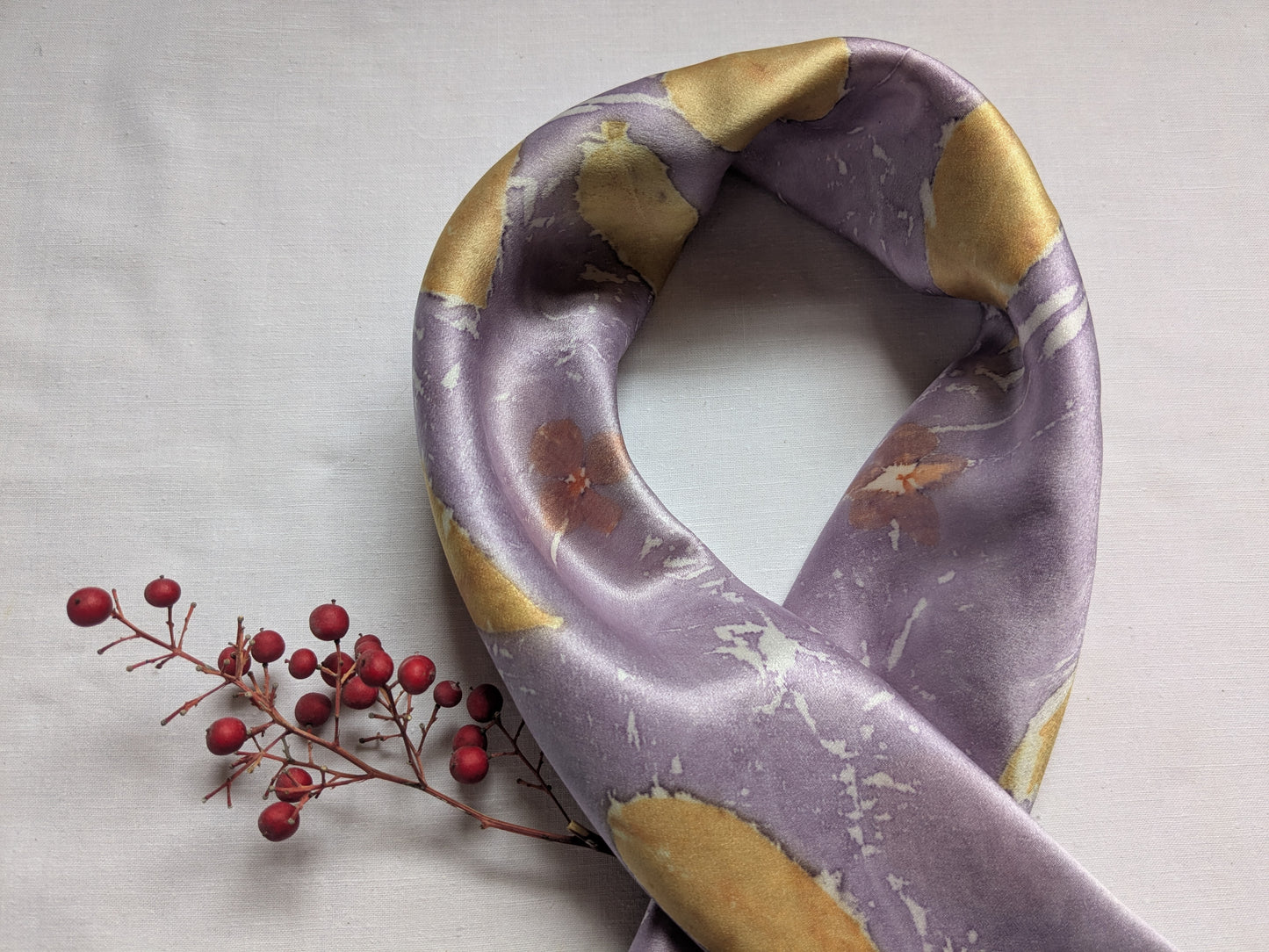 Eucalyptus leaves eco print purple natural silk scarf