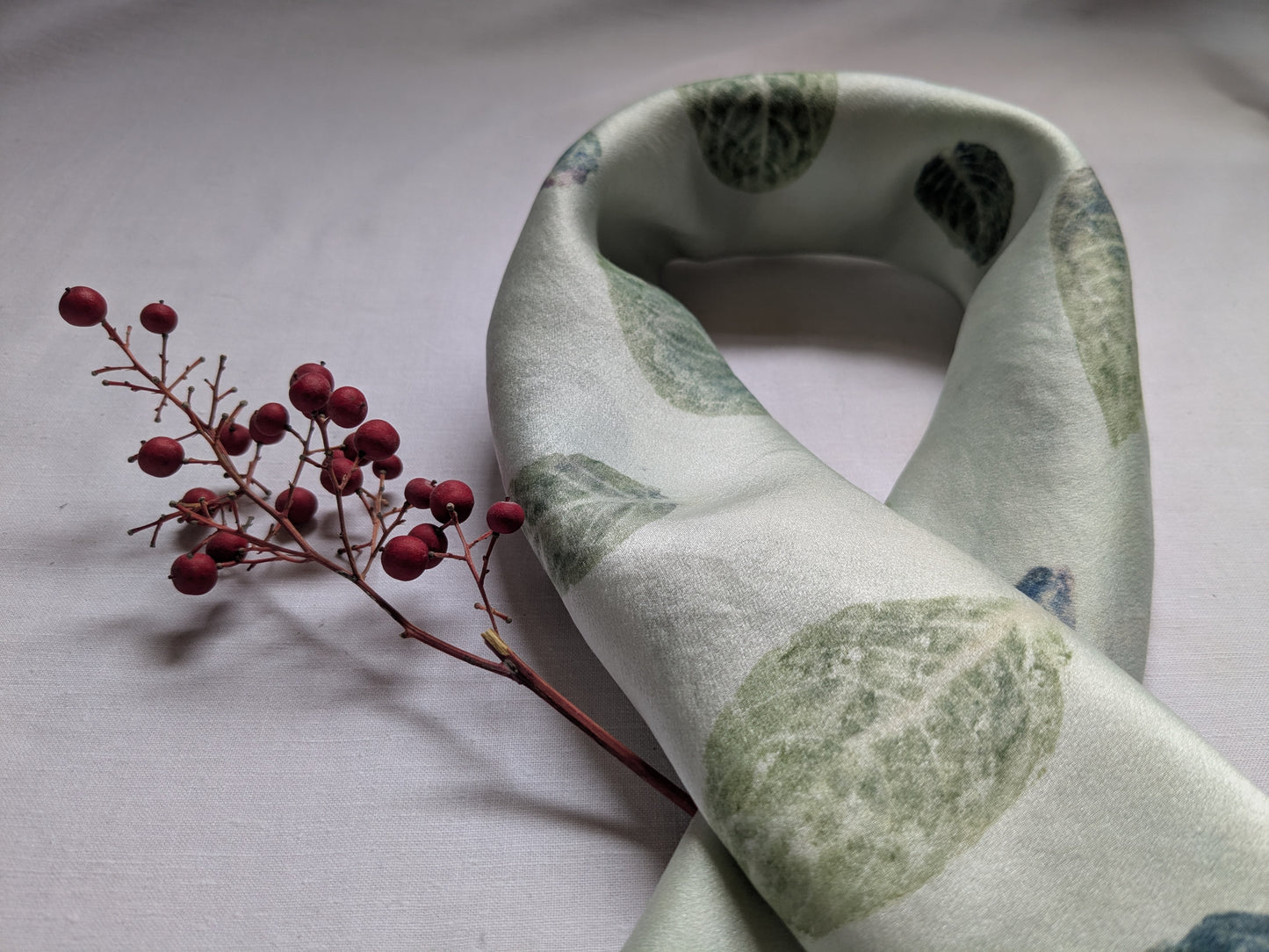 Indigo leaf print natural silk scarf