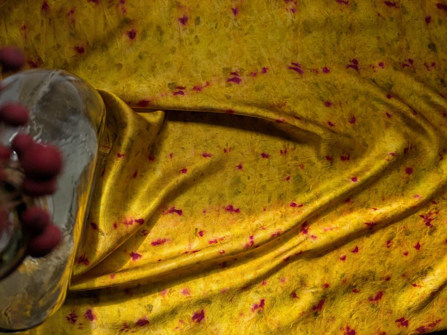 Eco-Dyed marigold Silk Scarf with cochineal dots