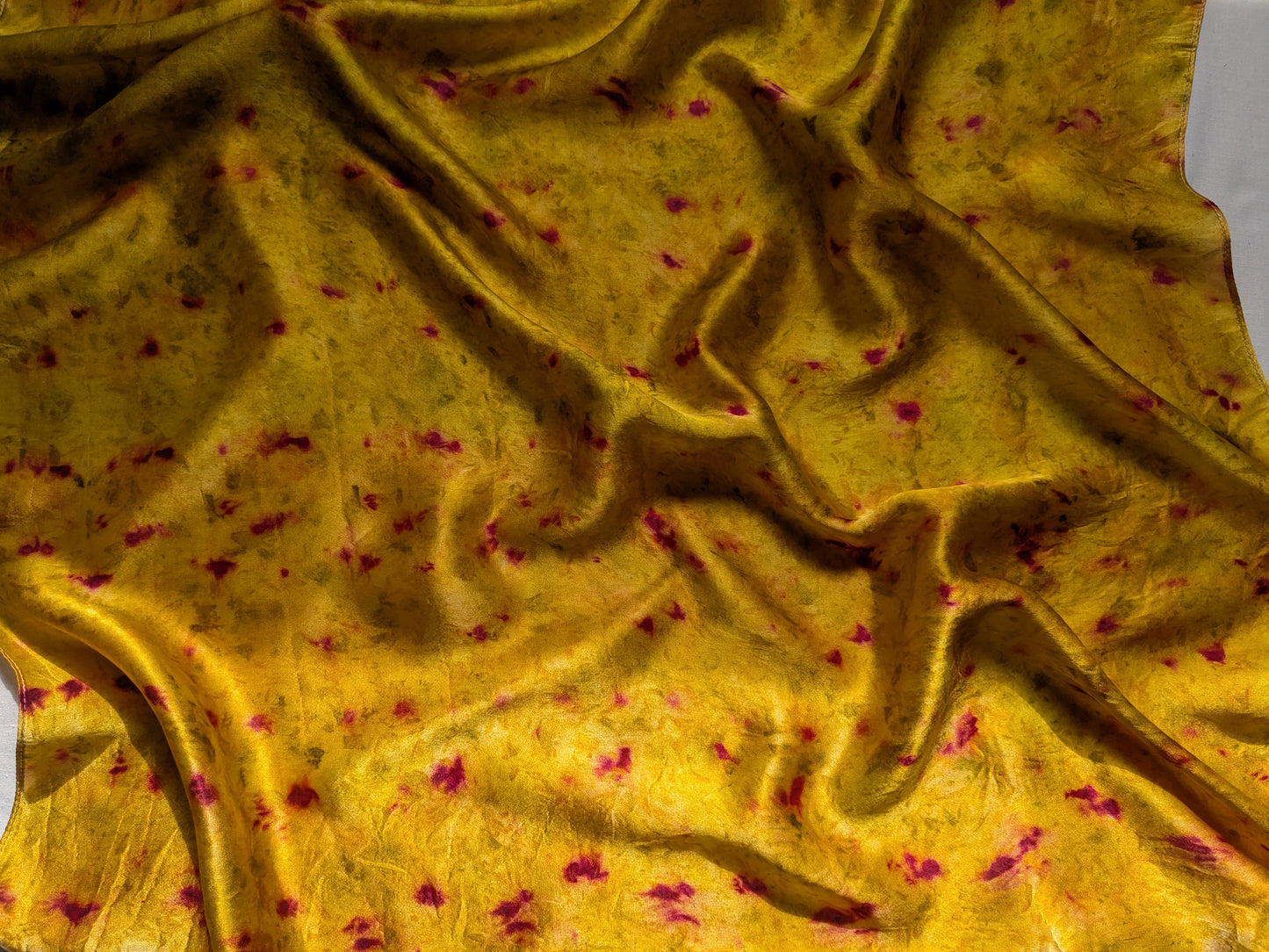 Eco-Dyed marigold Silk Scarf with cochineal dots