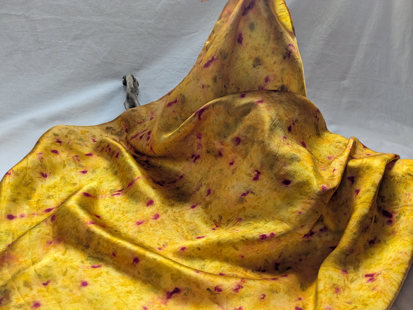 Eco-Dyed marigold Silk Scarf with cochineal dots