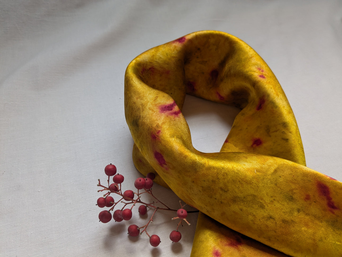 Eco-Dyed marigold Silk Scarf with cochineal dots