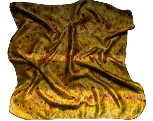 Eco-Dyed marigold Silk Scarf with cochineal and onion skin specks