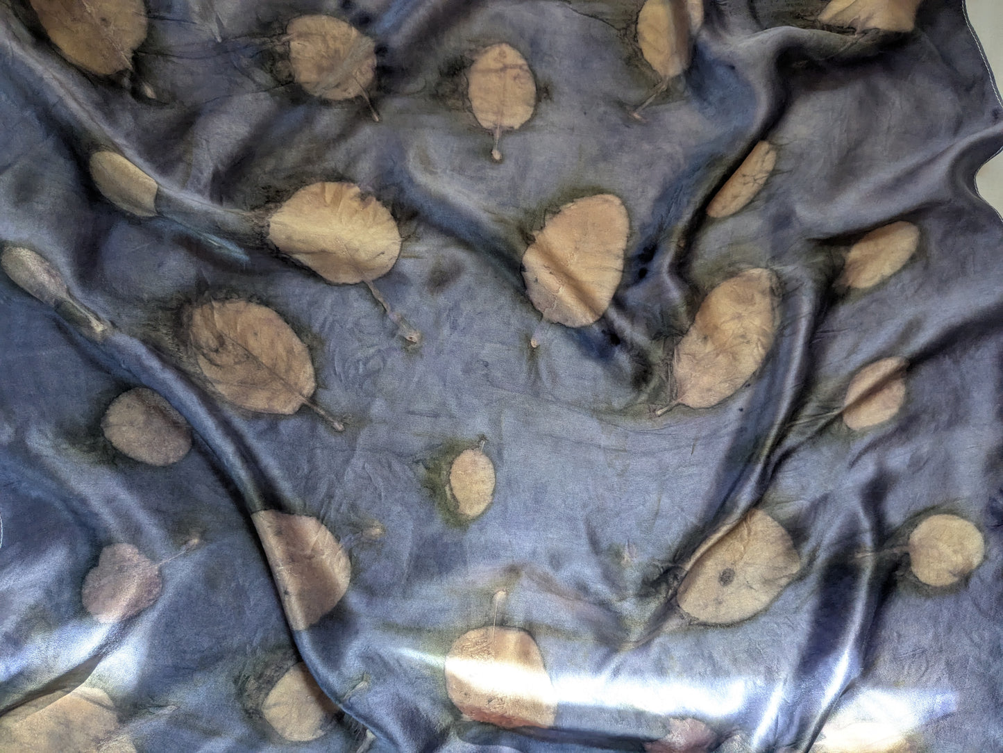 Natural Logwood-Dyed Silk Scarf with smokebush leaves