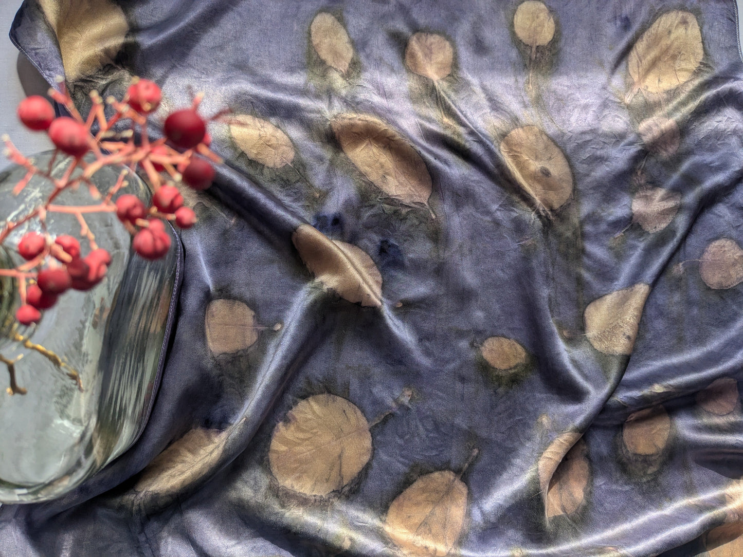 Natural Logwood-Dyed Silk Scarf with smokebush leaves
